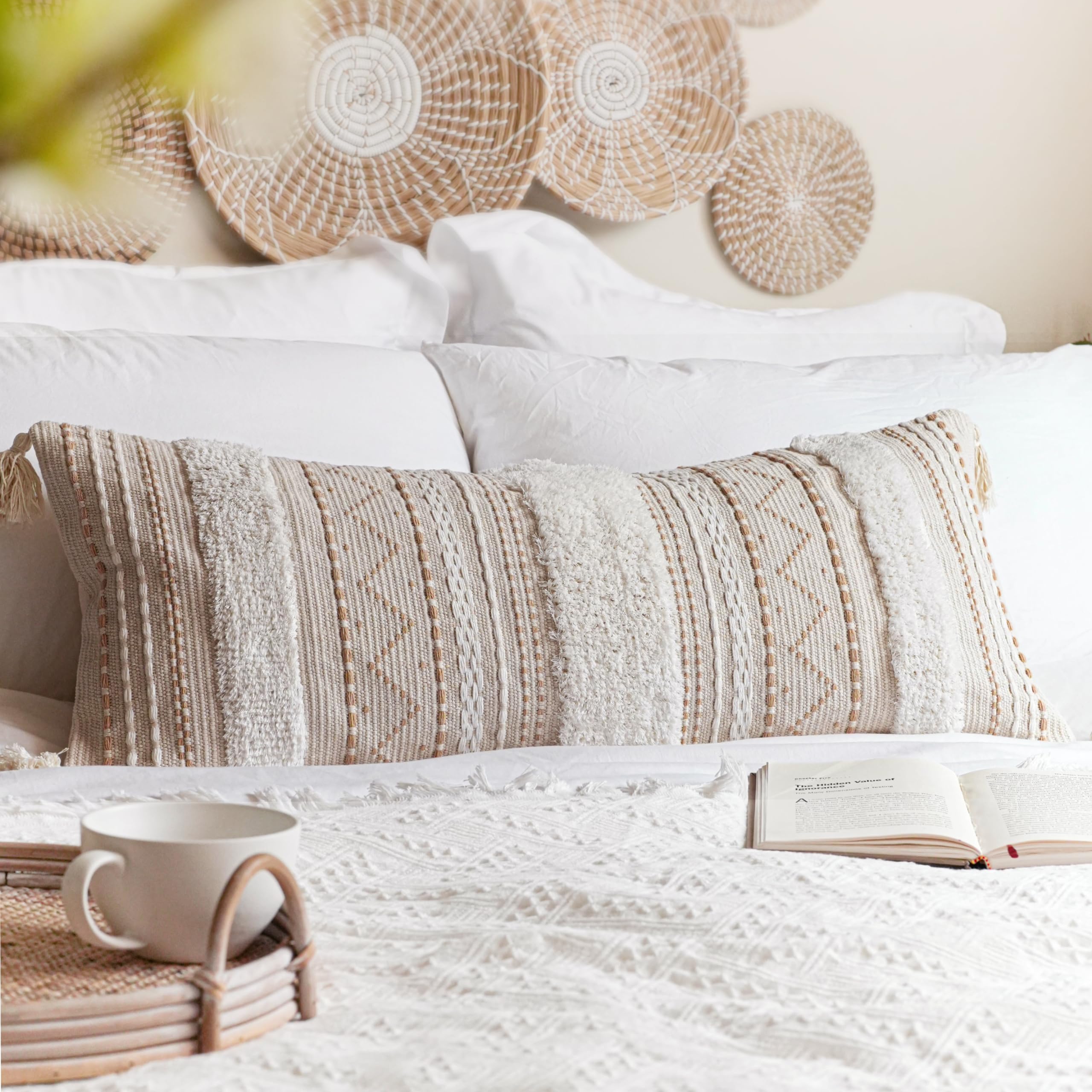 Blissblush Cream Decorative Lumbar Throw Pillow Cover 14X36 Boho Long Cushion For Bed Neutral Accent Farmhouse Pillowcase For Be