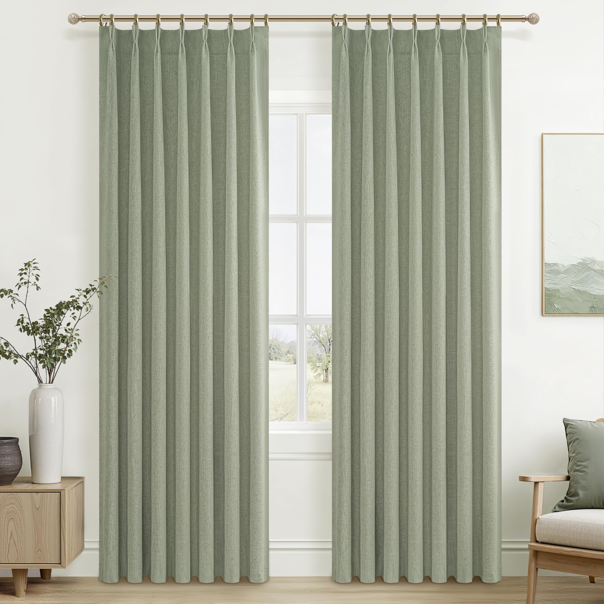 Sage Green Blackout Linen Curtains 84 Inches Long for Living Room Bedroom, Pinch Pleated Boho Light Drapes Viral Window Curtain 