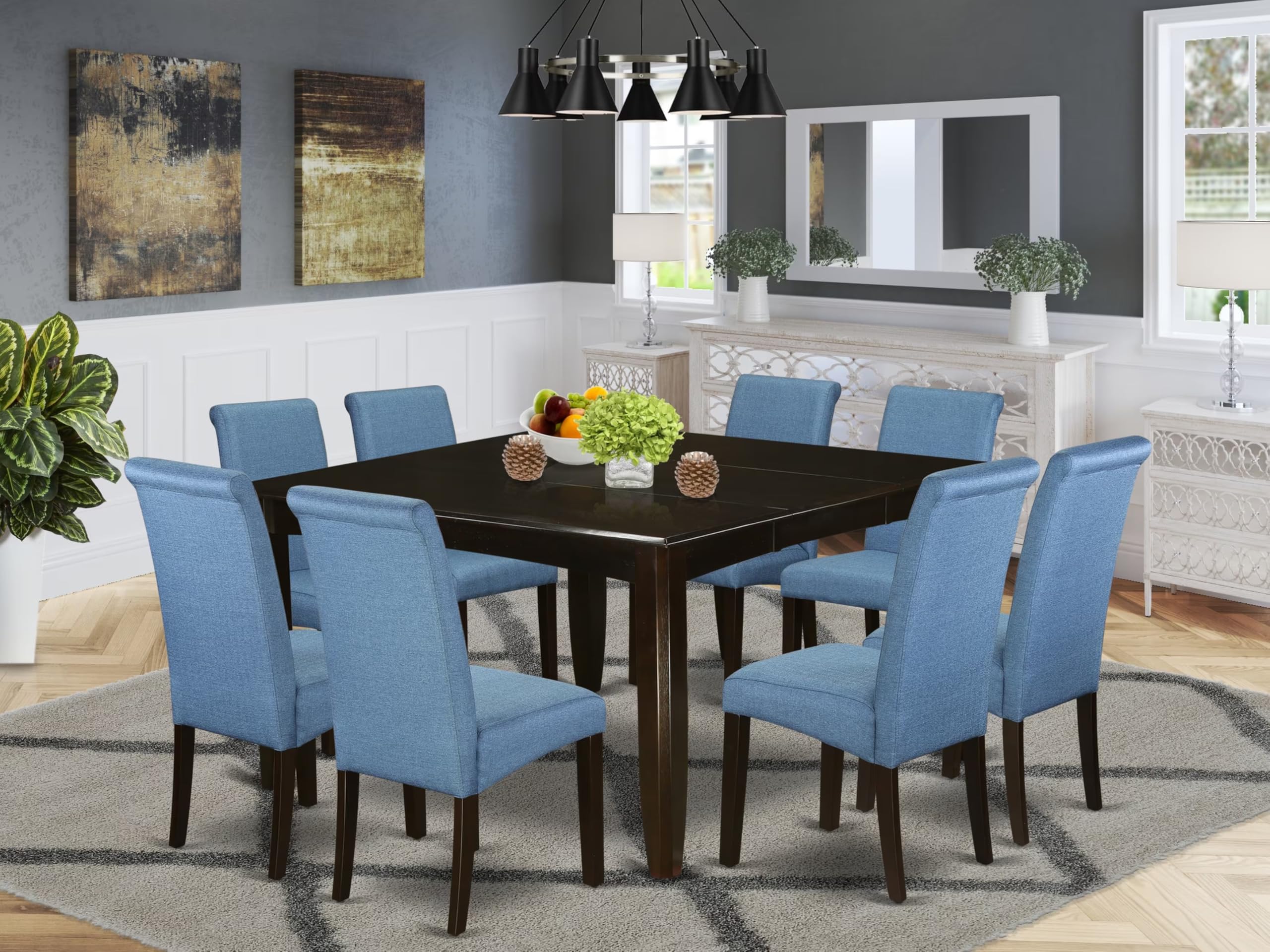East West Furniture Pfba9-Cap-21 9 Piece Modern Dining Table Set Includes A Square Wooden Table With Butterfly Leaf And 8 Blue Color Linen Fabric Parson Chairs, 54X54 Inch, Cappuccino