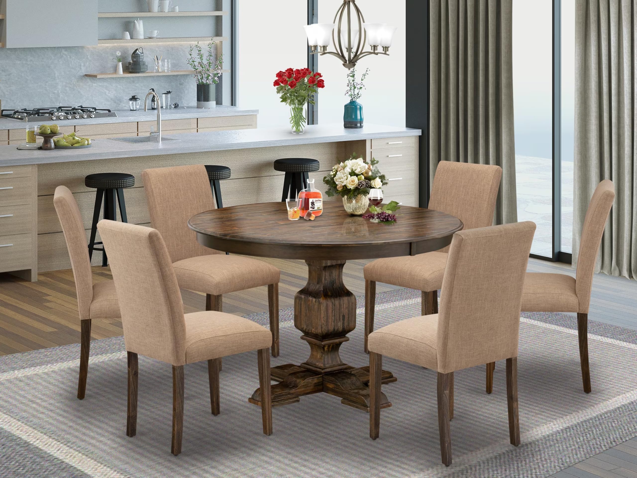 East West Furniture F3AB7-747 7 Piece Modern Dining Table Set Consist of a Round Wooden Table with Pedestal and 6 Light Sable Linen Fabric Parsons Dining Chairs, 48x48 Inch, Distressed Jacobean