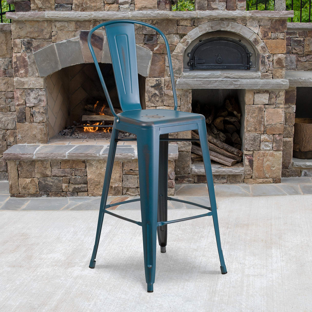 Flash Furniture Commercial Grade 30&quot; High Distressed Antique Blue Metal Indoor-Outdoor Barstool With Back