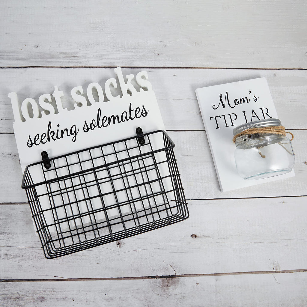 EVA murmure Lost Socks Rustic Wooden Laundry Sign Wall Decor With Attached Basket And Mom Tip Jar Wooden Sign With Bottle - Laun