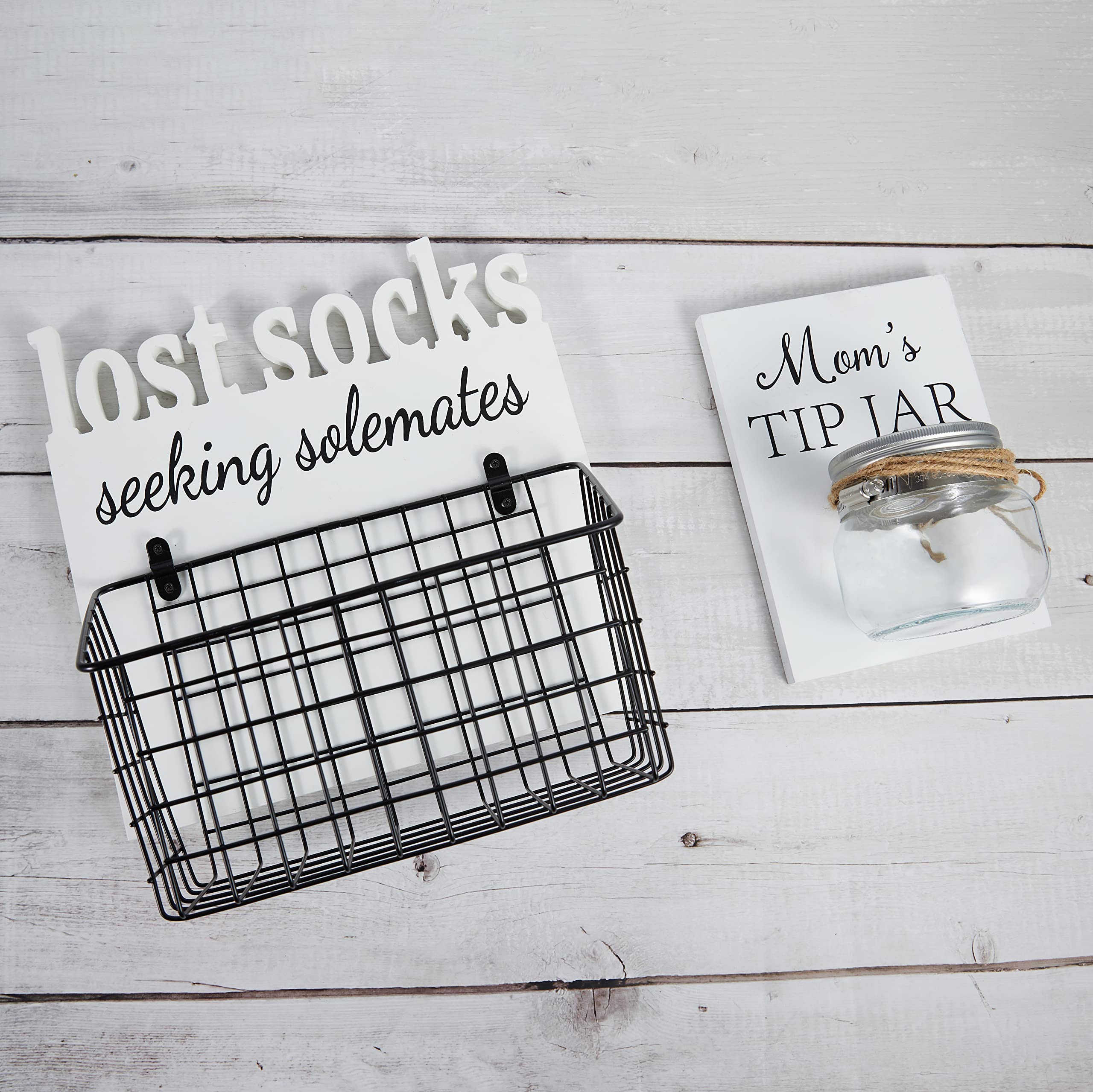 EVA murmure Lost Socks Rustic Wooden Laundry Sign Wall Decor With Attached Basket And Mom Tip Jar Wooden Sign With Bottle - Laun