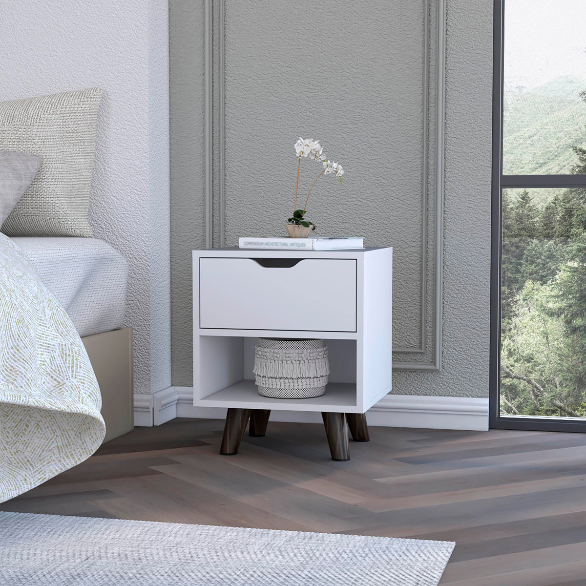 Modern Nightstand 19&quot; H With Spacious Drawer, Open Storage Shelf And Chic Wooden Legs, White