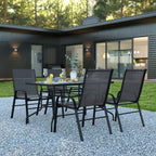 Flash Furniture Brazos 5 Piece Outdoor Patio Dining Set - 4 Black Flex Comfort Stack Chairs - 55&Quot; Tempered Glass Patio Table With Umbrella Hole