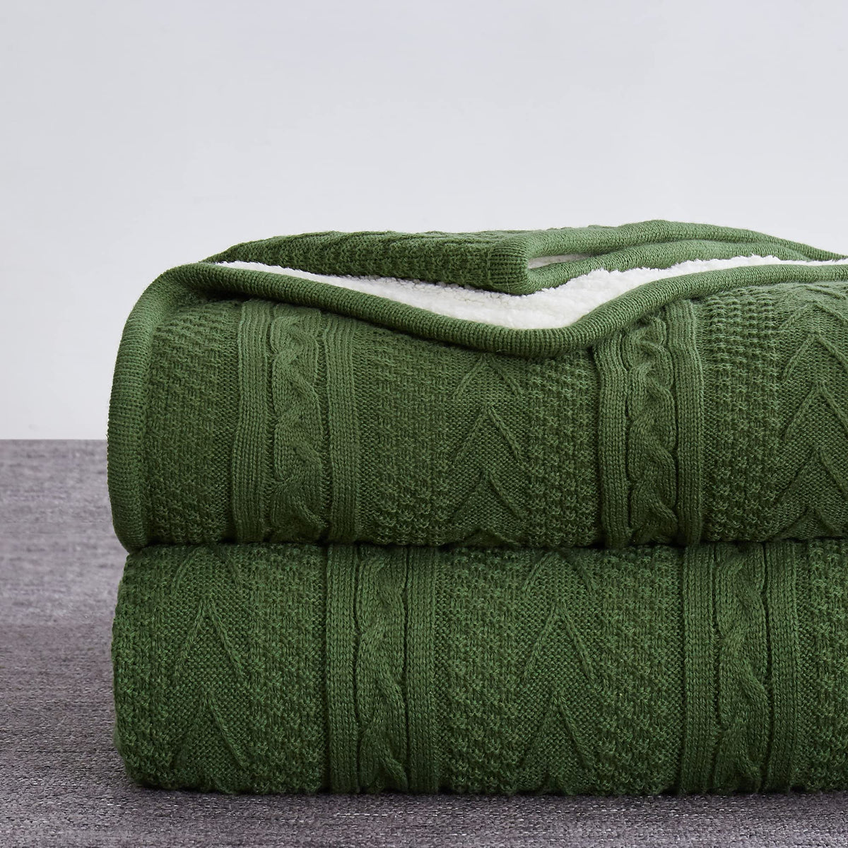 Longhui Bedding Olive Green Acrylic Cable Knit Sherpa Throw Blanket - Thick, Soft, Big, Cozy Knitted Fleece Blankets For Couch,
