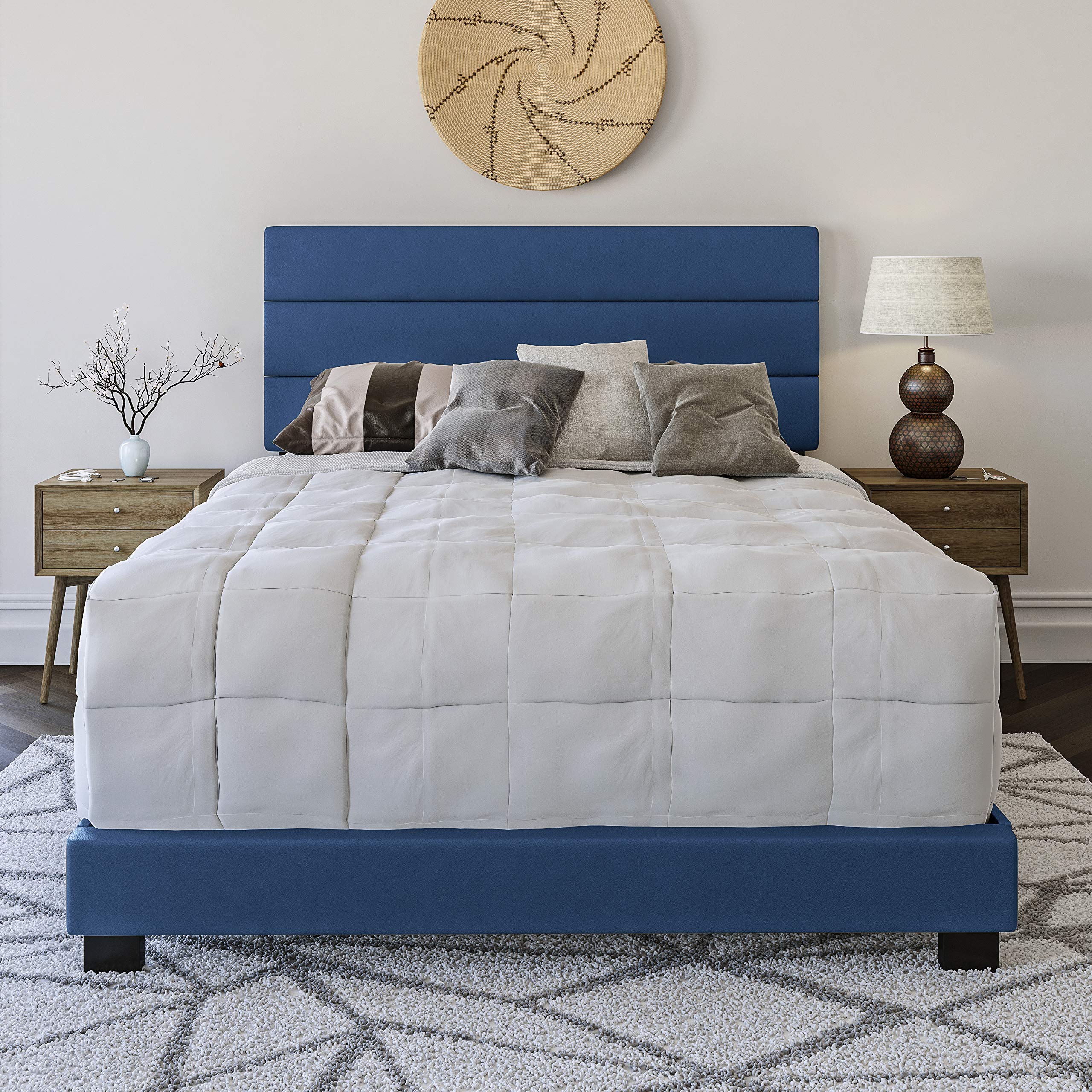 Boyd Sleep Montana Upholstered Platform Bed Frame Mattress Foundation With Tri-Panel Headboard And Strong Wood Slat Supports: Faux Leather, Blue, King