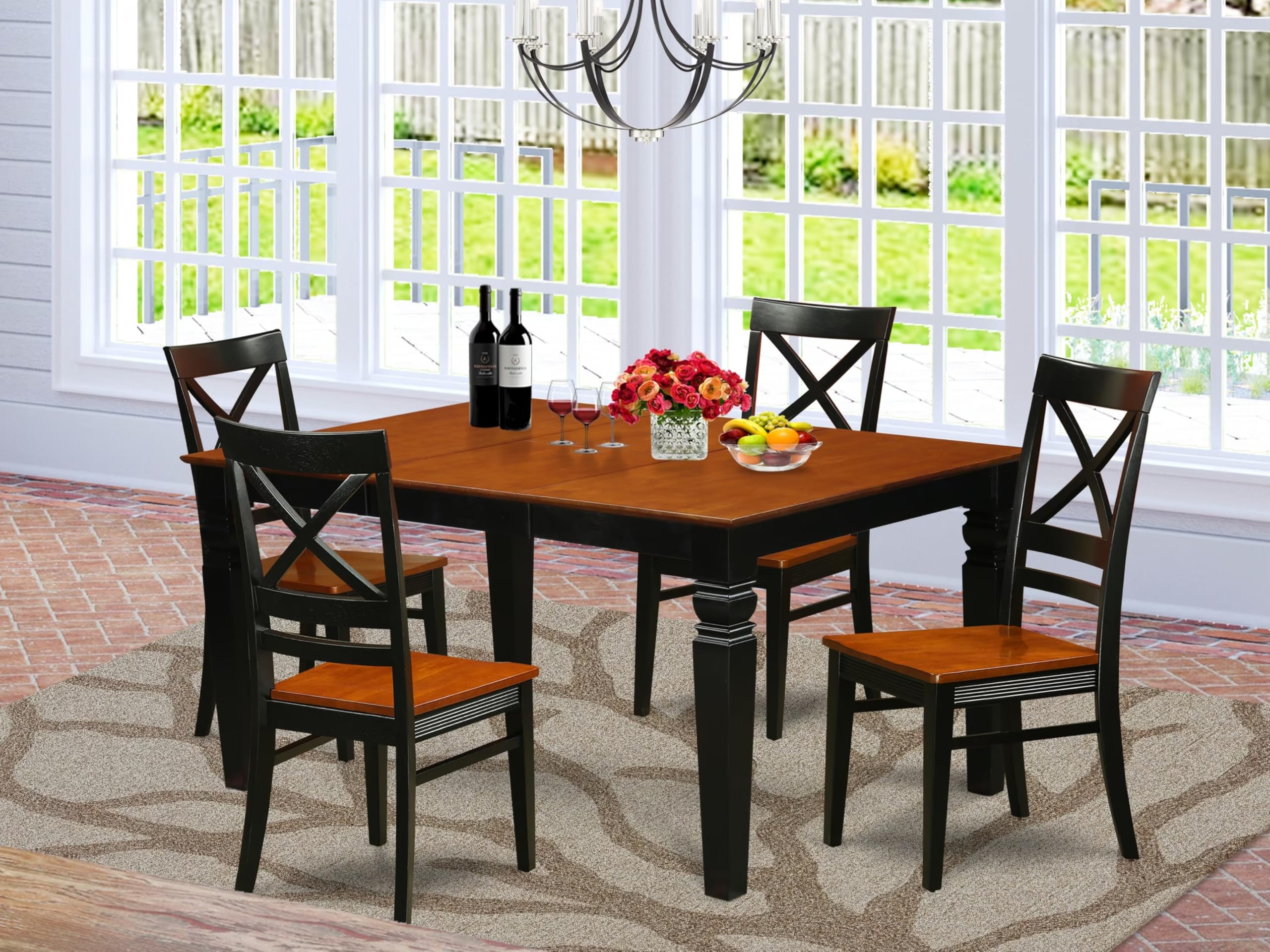 East West Furniture WEQU5-BCH-W 5 Piece Kitchen Set Includes a Rectangle Dining Room Table with Butterfly Leaf and 4 Solid Wood Seat Chairs, 42x60 Inch, Black & Cherry