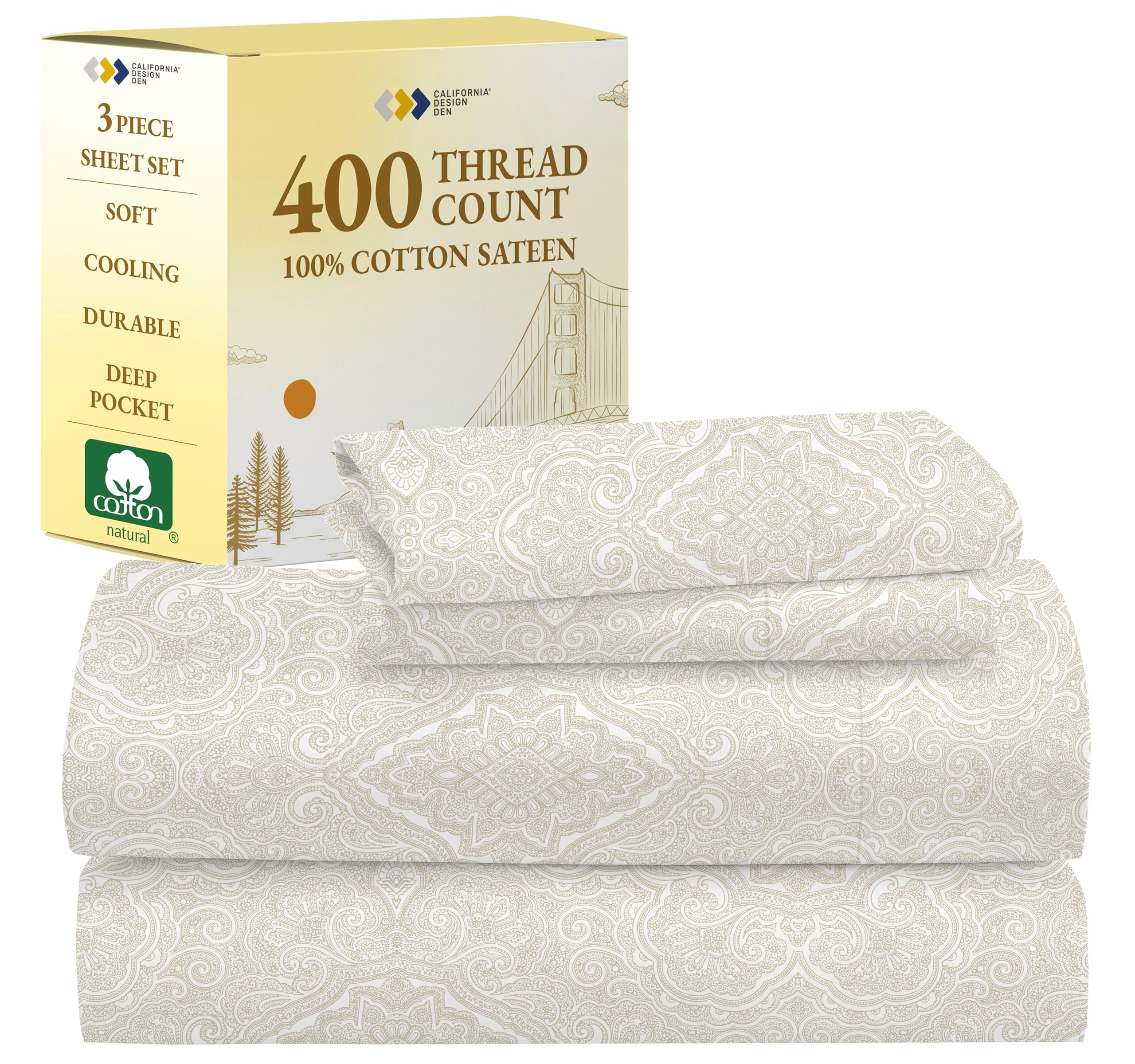 California Design Den Twin Sheet Set Paisley - 400 Thread Count 100% Cotton Sateen, Twin Size Sheets Set, Deep Pocket Sheets & P