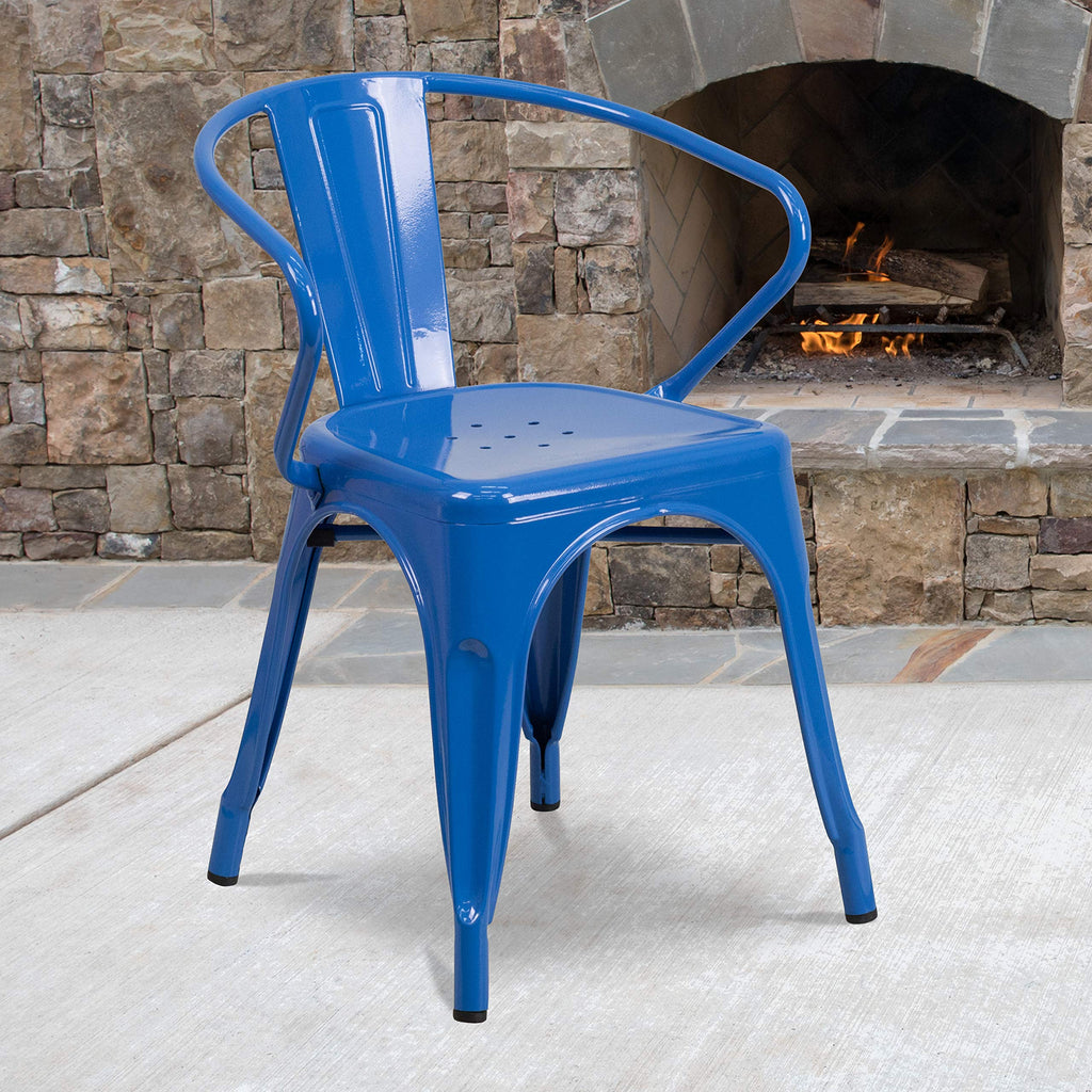 Flash Furniture Luna Commercial Grade Blue Metal Indoor-Outdoor Chair with Arms