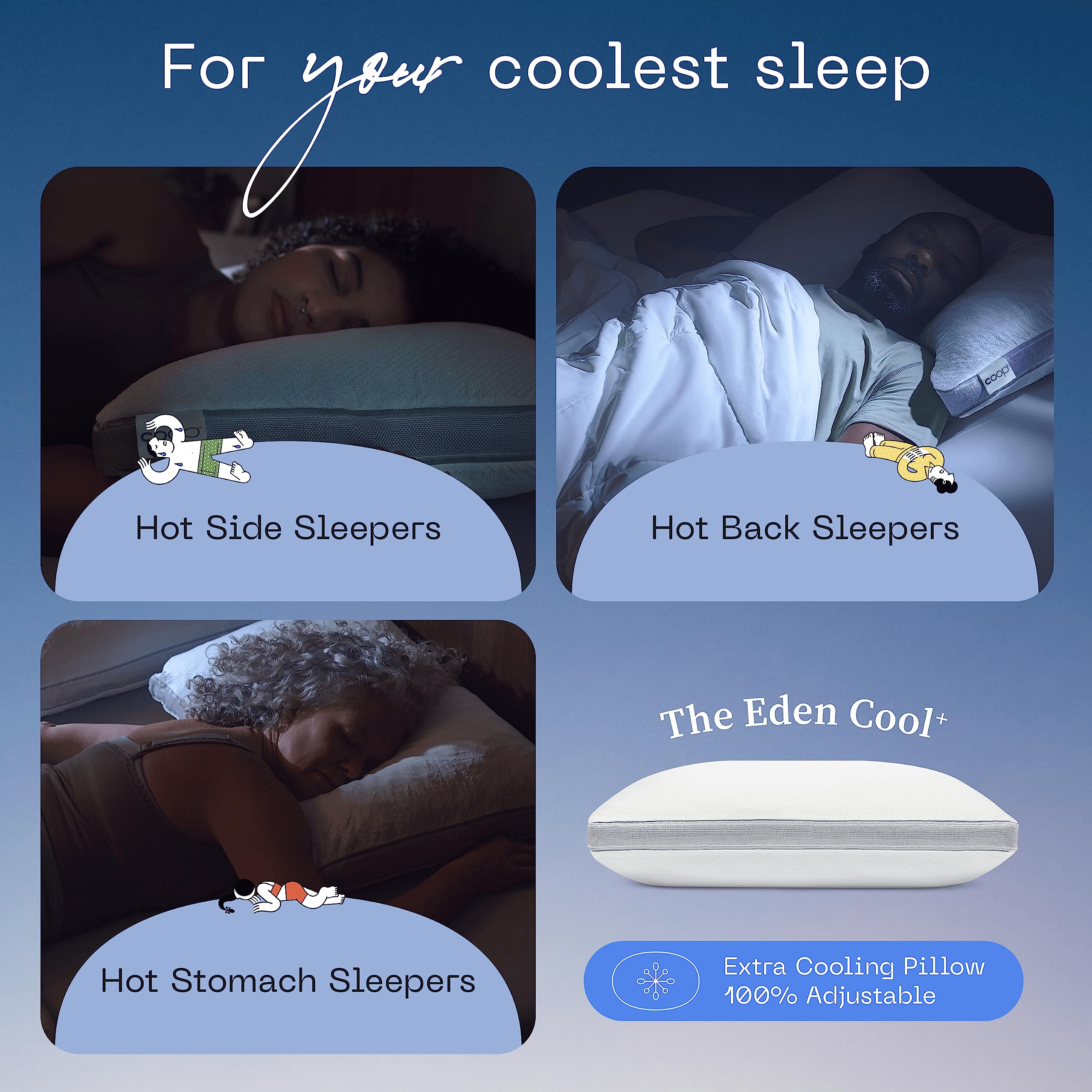 Coop Home Goods Eden Cool+ Adjustable Pillow, Queen Size Plus Shaped Memory Foam Pillows With Cooling Gel, Back, Stomach Or Side