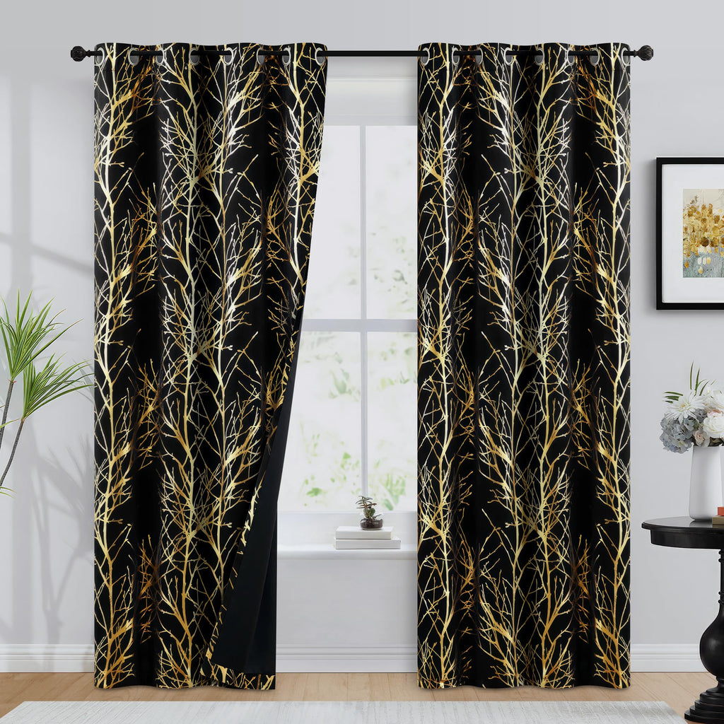 Fmfunctex 100% Blackout Curtains For Bedroom, Gold Foil On Black Curtains 84 Inches Long Curtains For Living Room, Metallic Tree