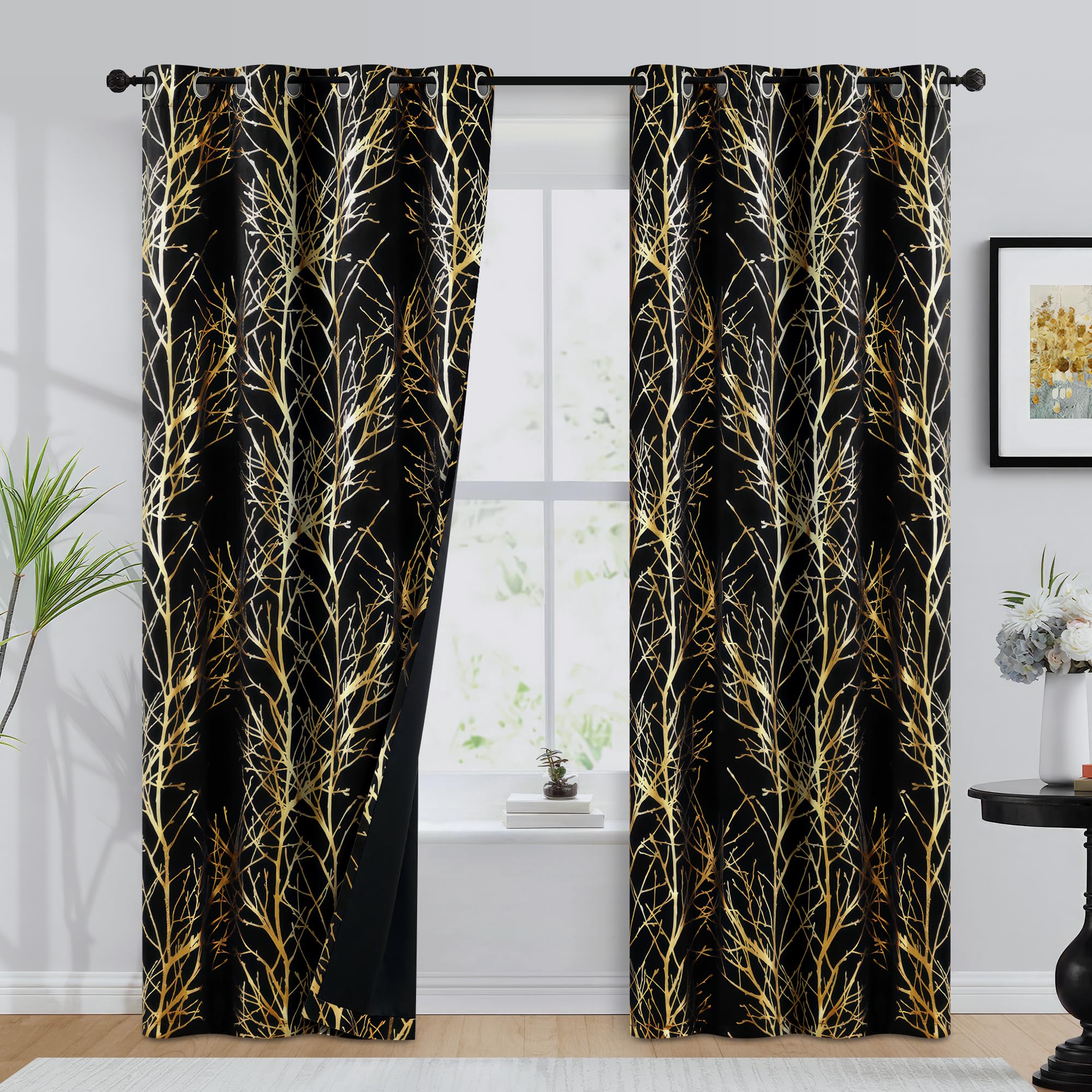 Fmfunctex 100% Blackout Curtains For Bedroom, Gold Foil On Black Curtains 84 Inches Long Curtains For Living Room, Metallic Tree