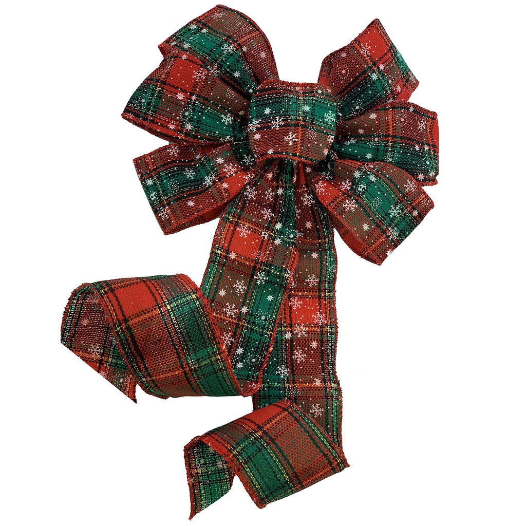 Snowflake Plaid Christmas Wreath Bow - 10' Wide, 18' Long Pre-Tied Bow, Door Decoration, Gift Basket, Swag, Garland, Fall Deco