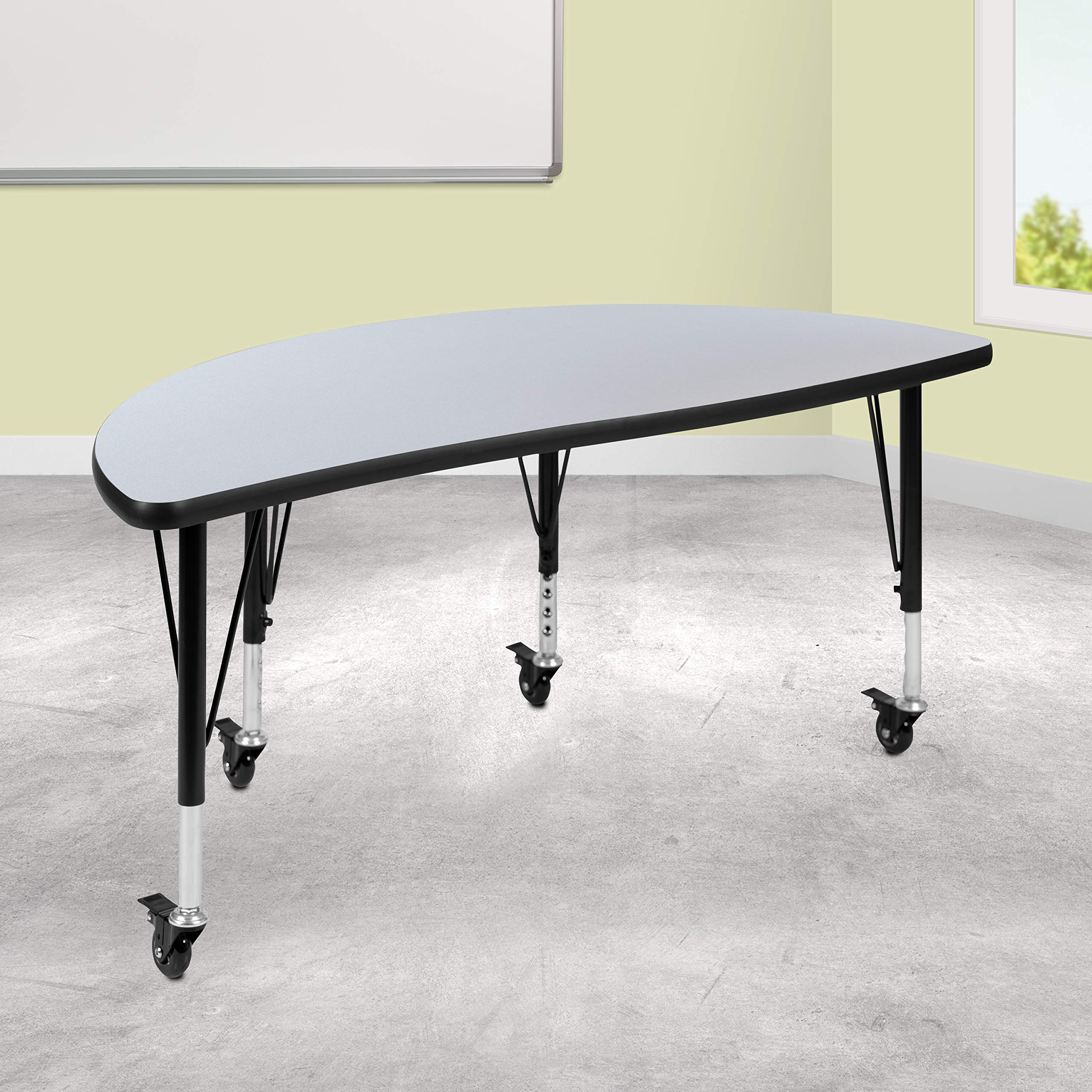 Flash Furniture Mobile 47.5' Half Circle Wave Collaborative Grey Thermal Laminate Activity Table - Height Adjustable Short Legs