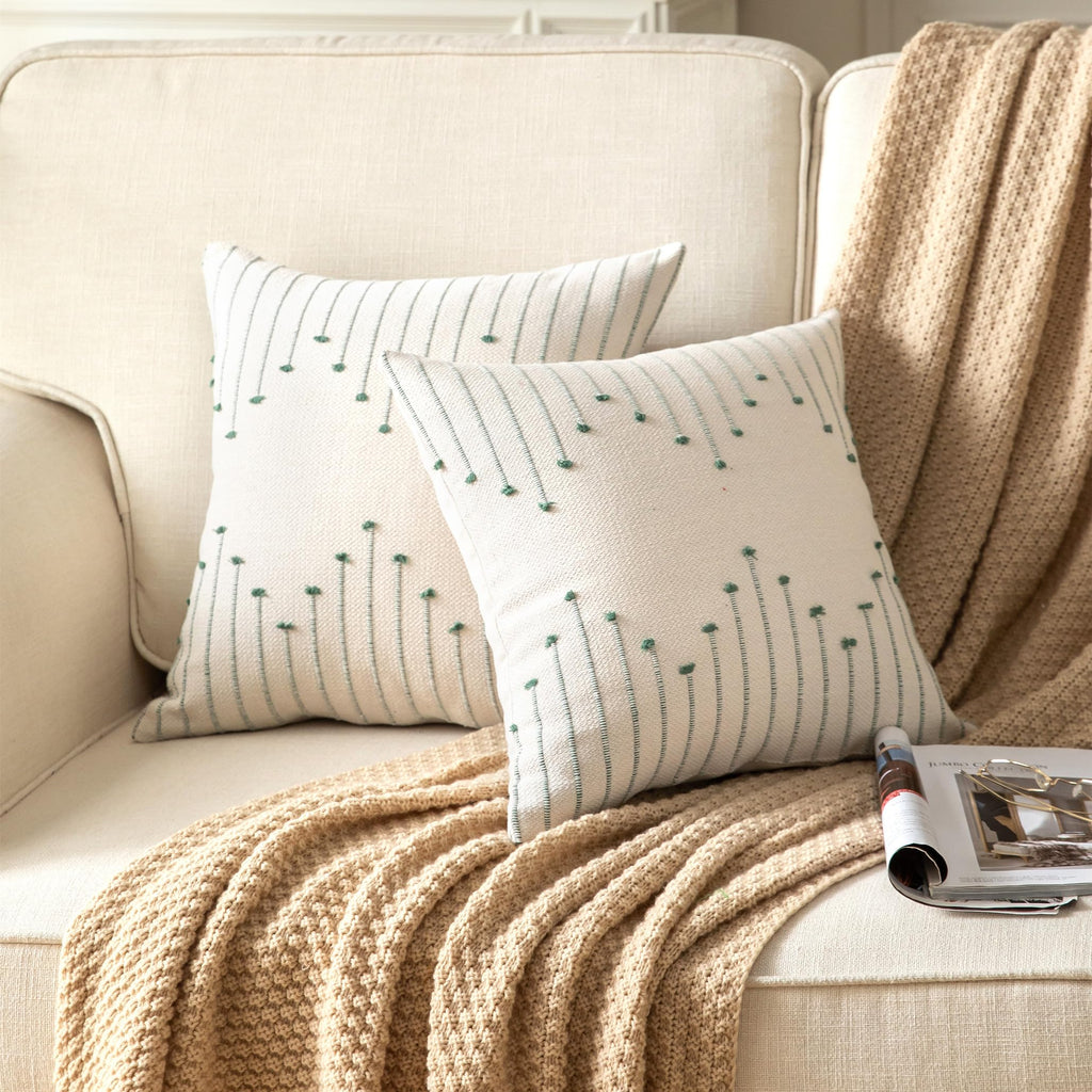 Caflife Boho Throw Pillow Covers 20X20 Set Of 2 Decorative Pillows For Bed, Neutral Pillow Covers Beige With Green Line Throw Pi