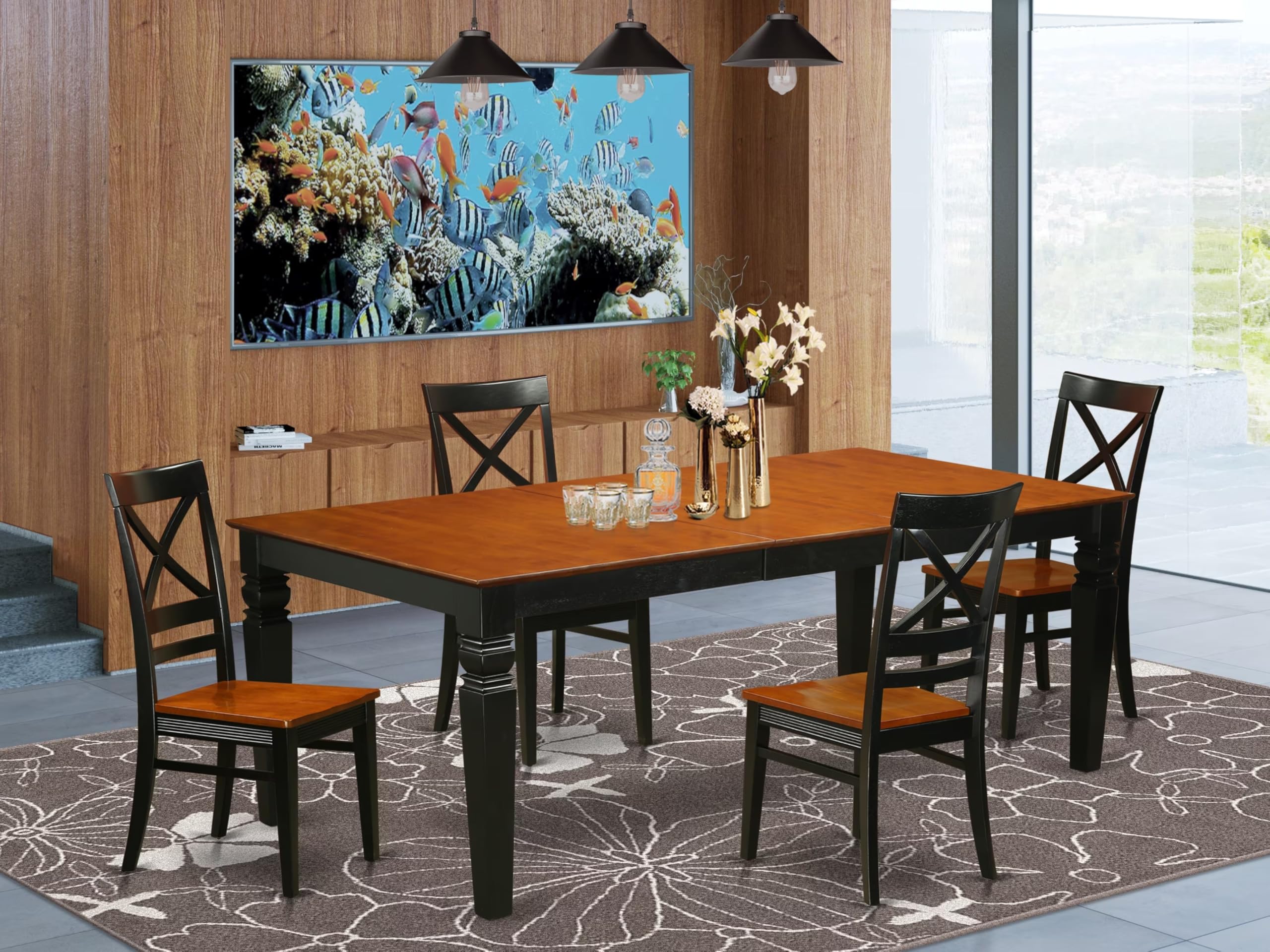 East West Furniture LGQU5-BCH-W 5 Piece Dinette Set for 4 Includes a Rectangle Dining Table with Butterfly Leaf and 4 Dining Room Chairs, 42x84 Inch, Black & Cherry