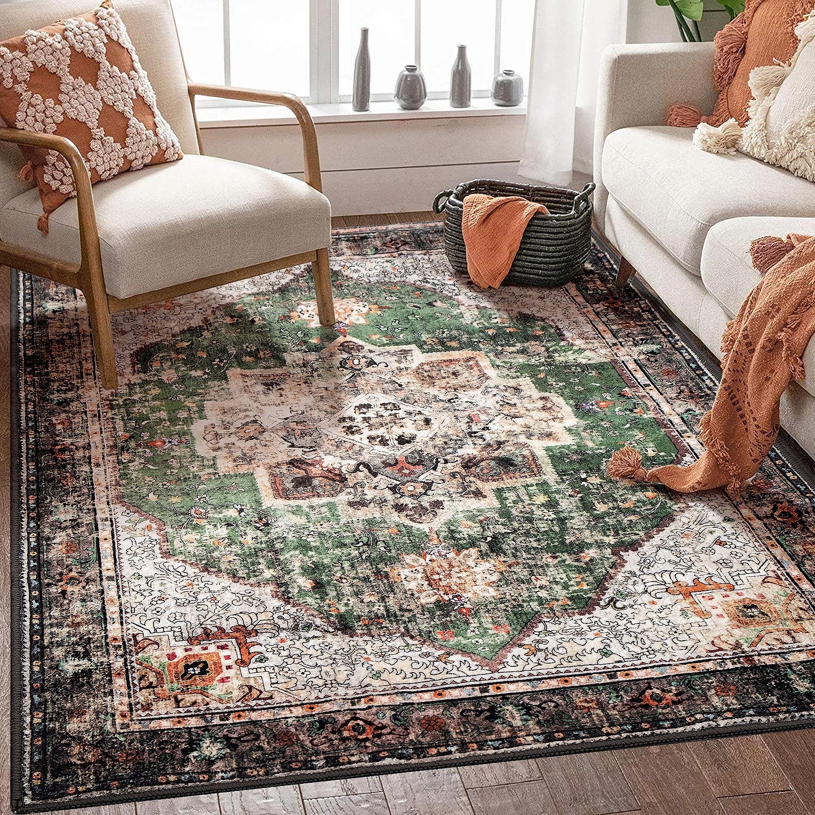 YesRug 4x6.5 Rug Green Boho Area Rug Vintage Rug for Kitchen Living Room Bedroom Dining Room Office Rug Non Slip Low Pile Indoor