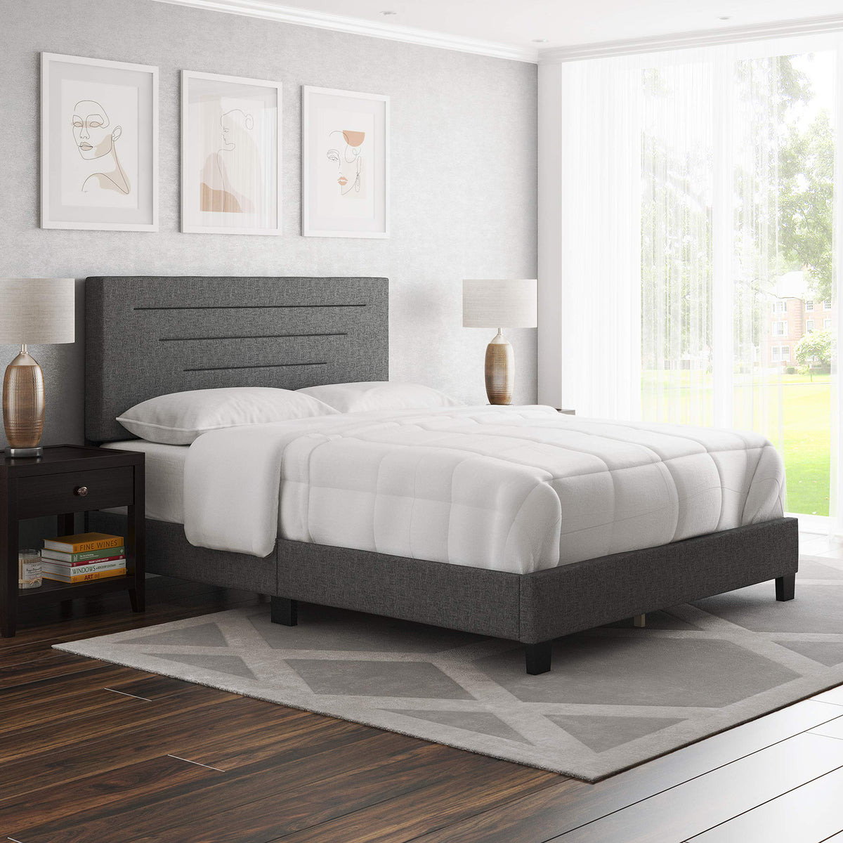 Boyd Sleep Cordoba Upholstered Platform Bed with Headboard and Durable Mattress Foundation with Strong Wood Slat Supports, Box Spring Required: Queen, Charcoal