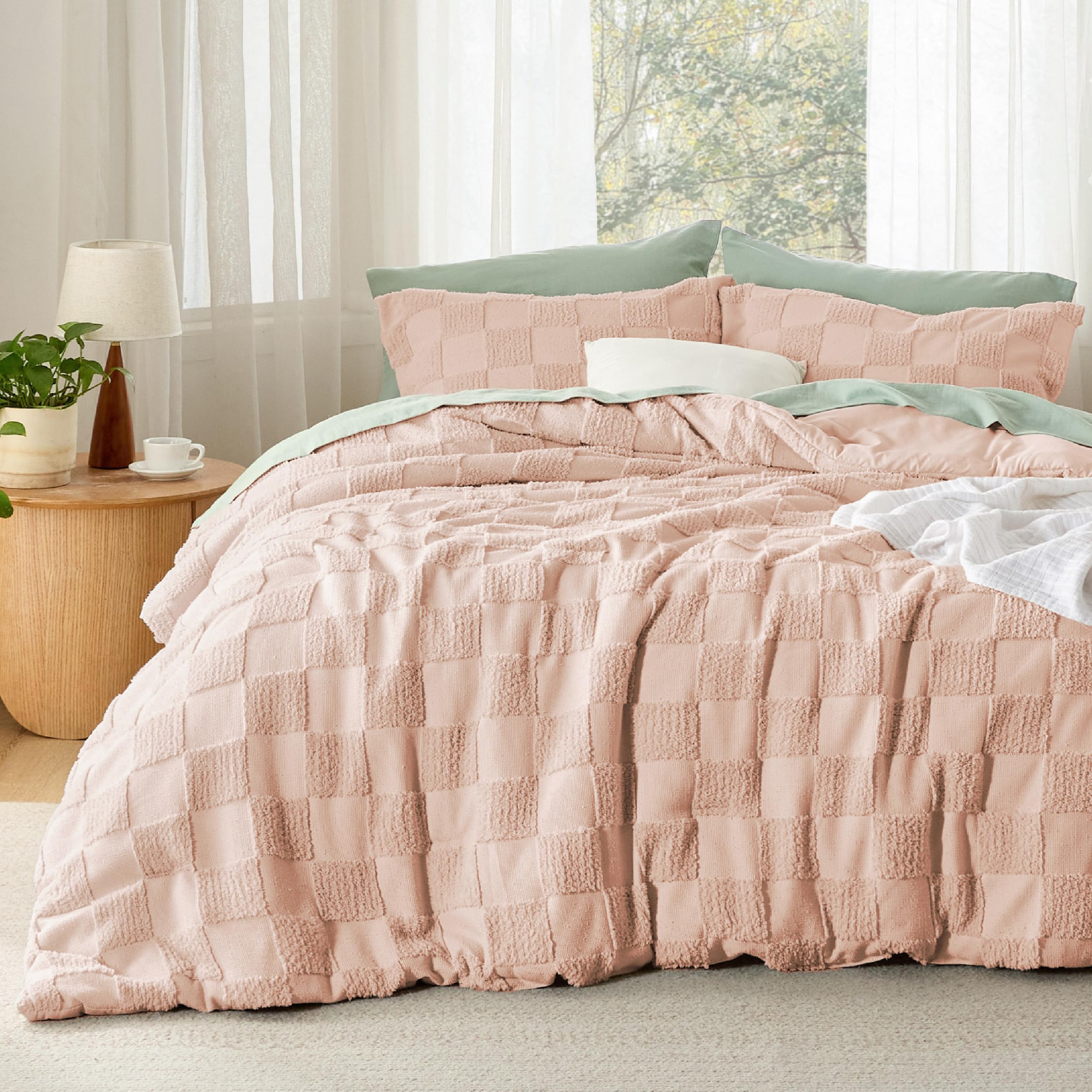 Bedsure Queen Size Comforter Set Dusty Rose, Boho Tufted Bed Set, Checkered Farmhouse Shabby Chic Bedding, 3 Pieces, 1 Plaid Geometric Comforter And 2 Pillow Shams