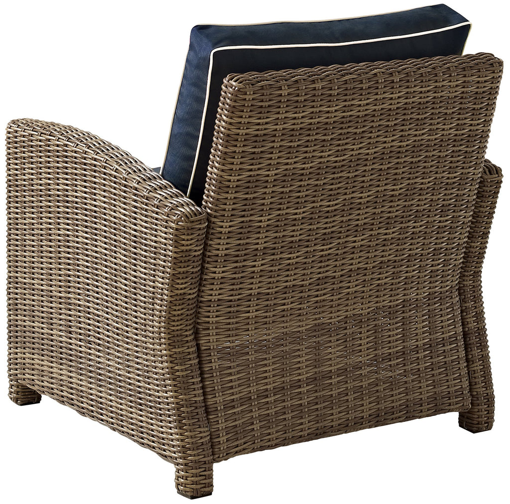 Crosley Furniture Bradenton Outdoor Chair, Wicker Patio Chairs For Porch, Deck, Balcony, Backyard, Brown With Navy Cushions