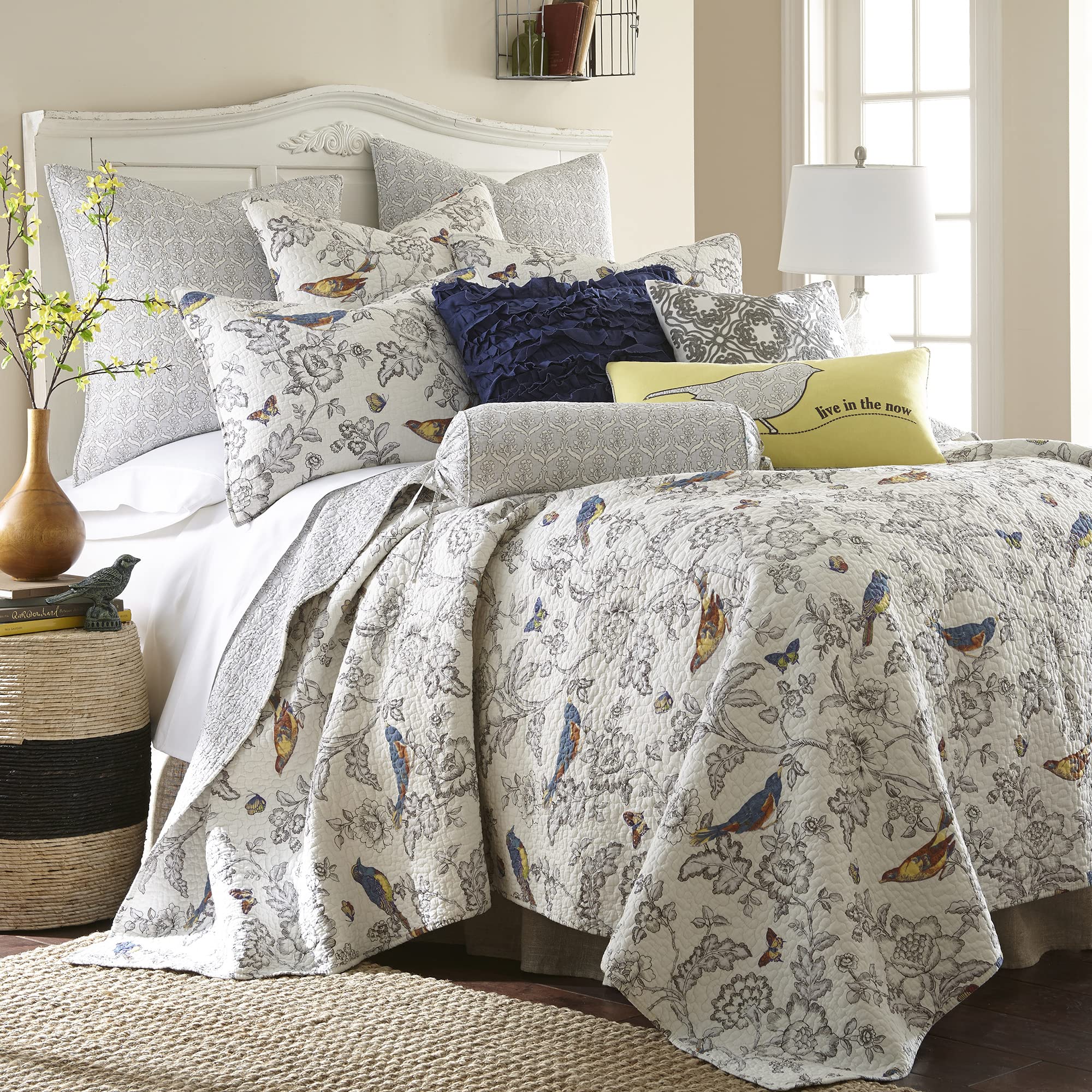 Levtex Home - Mockingbird Quilt Set - King/Cal King Quilt 106X92In. + Two King Pillow Shams 36X20In. - Grey Toile With Birds And