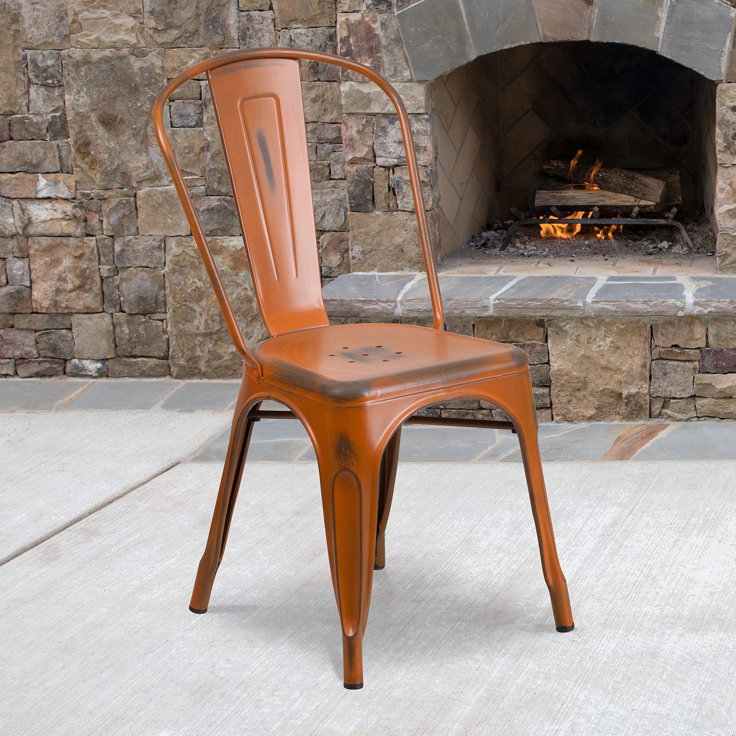 Flash Furniture Commercial Grade Distressed Orange Metal Indoor-Outdoor Stackable Chair