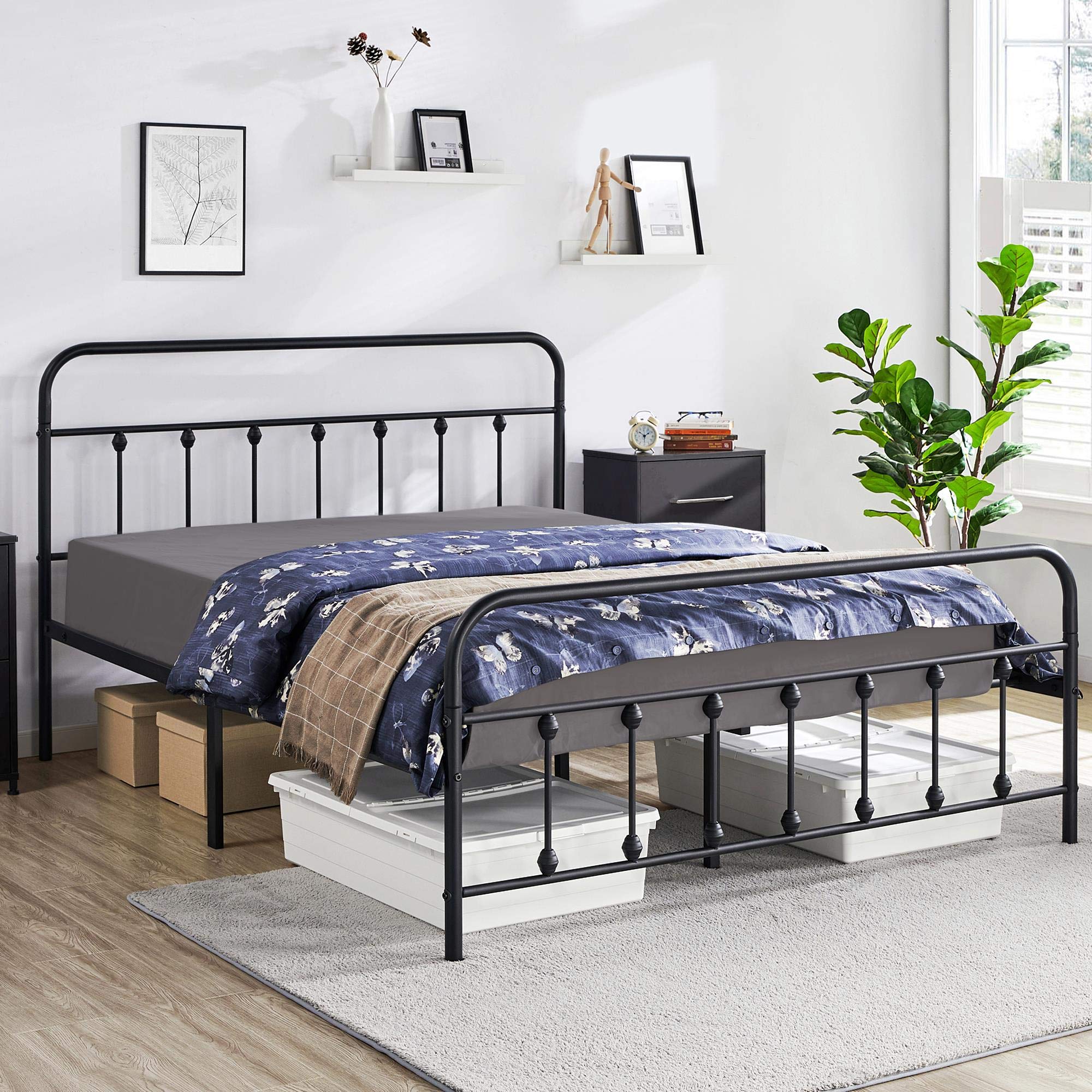 Yaheetech Classic Metal Platform Bed Frame Mattress Foundation With Victorian Style Iron-Art Headboard/Footboard/Under Bed Storage/No Box Spring Needed/Queen Size Black