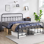 Yaheetech Classic Metal Platform Bed Frame Mattress Foundation With Victorian Style Iron-Art Headboard/Footboard/Under Bed Storage/No Box Spring Needed/Queen Size Black