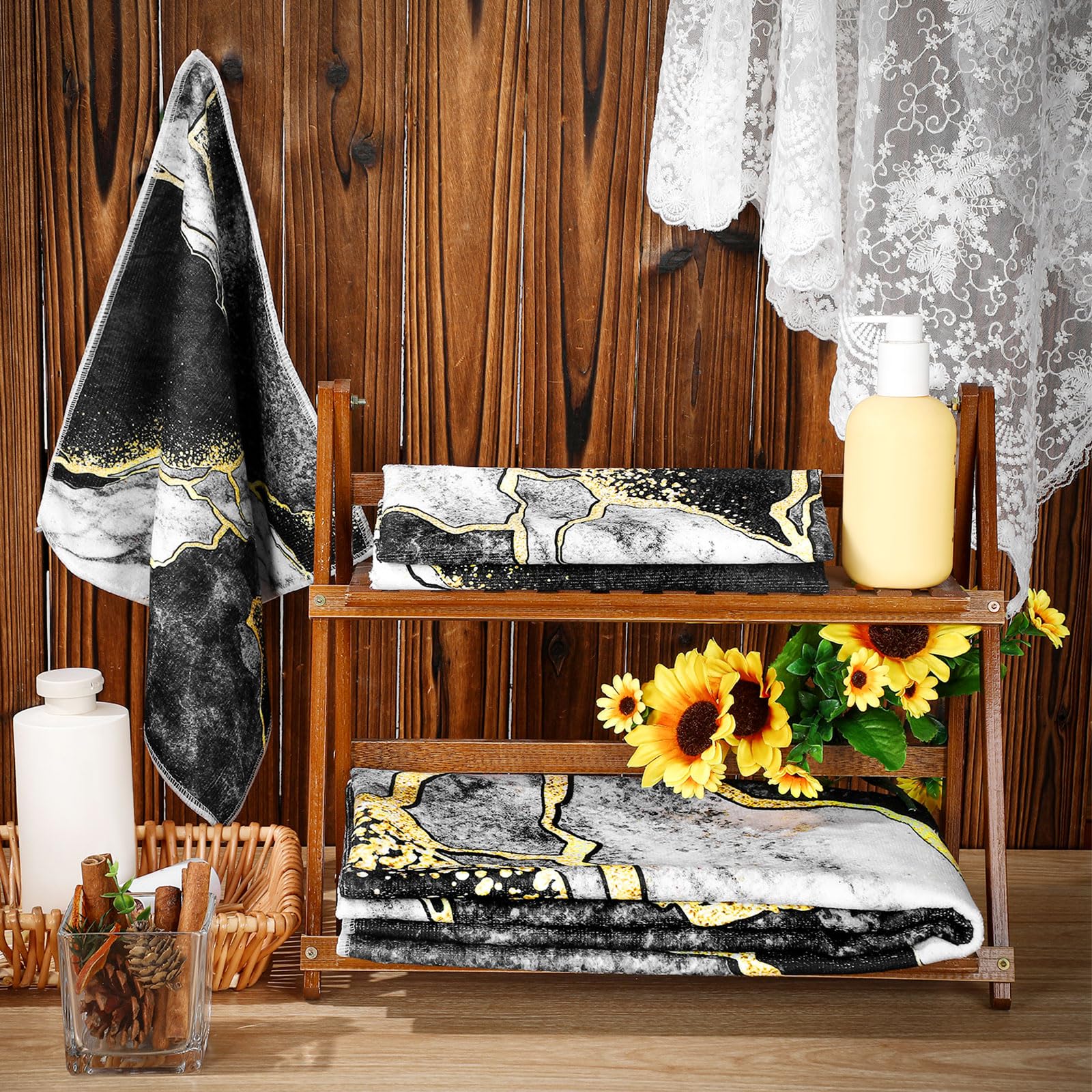 Preboun 3 Pack Black Marble Bathroom Towels Set Gold Line Hand Towels Black Bath Towels Gold Crack Dish Towels Absorbent Fingert