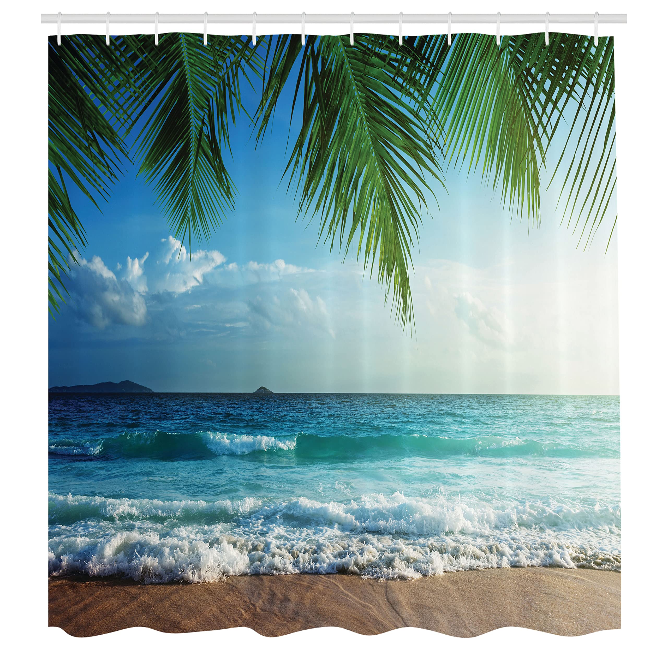 Ambesonne Ocean Shower Curtain, Palms Tropical Island Summer Beach Foamy Sea Water Maldives Idyllic Photography, Cloth Fabric Ba