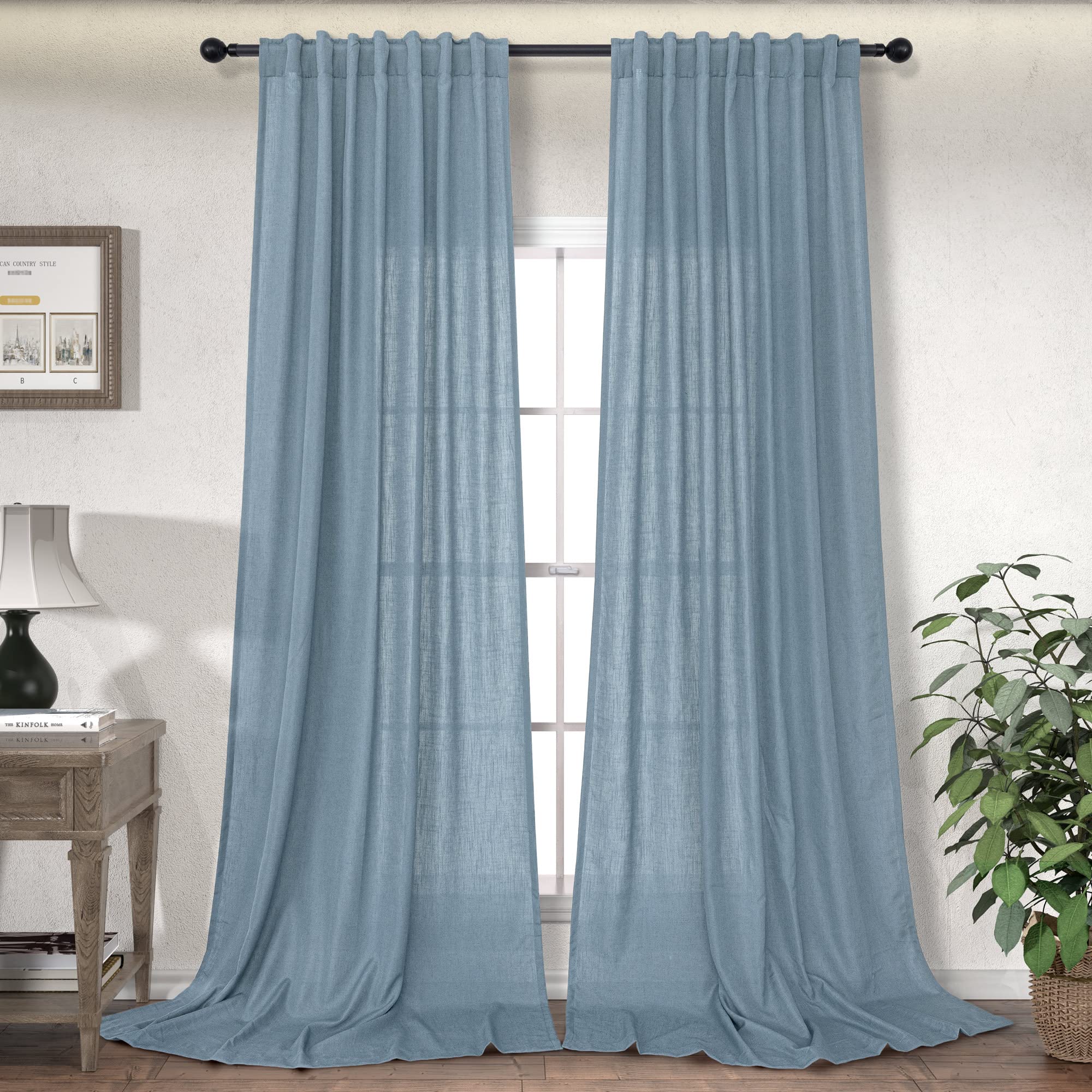 Dusty Blue Curtains 108 Inches Long For Living Room 2 Panel Back Tab Pocket Lightweight Flowy Linen Textured Grey Blue Curtain F
