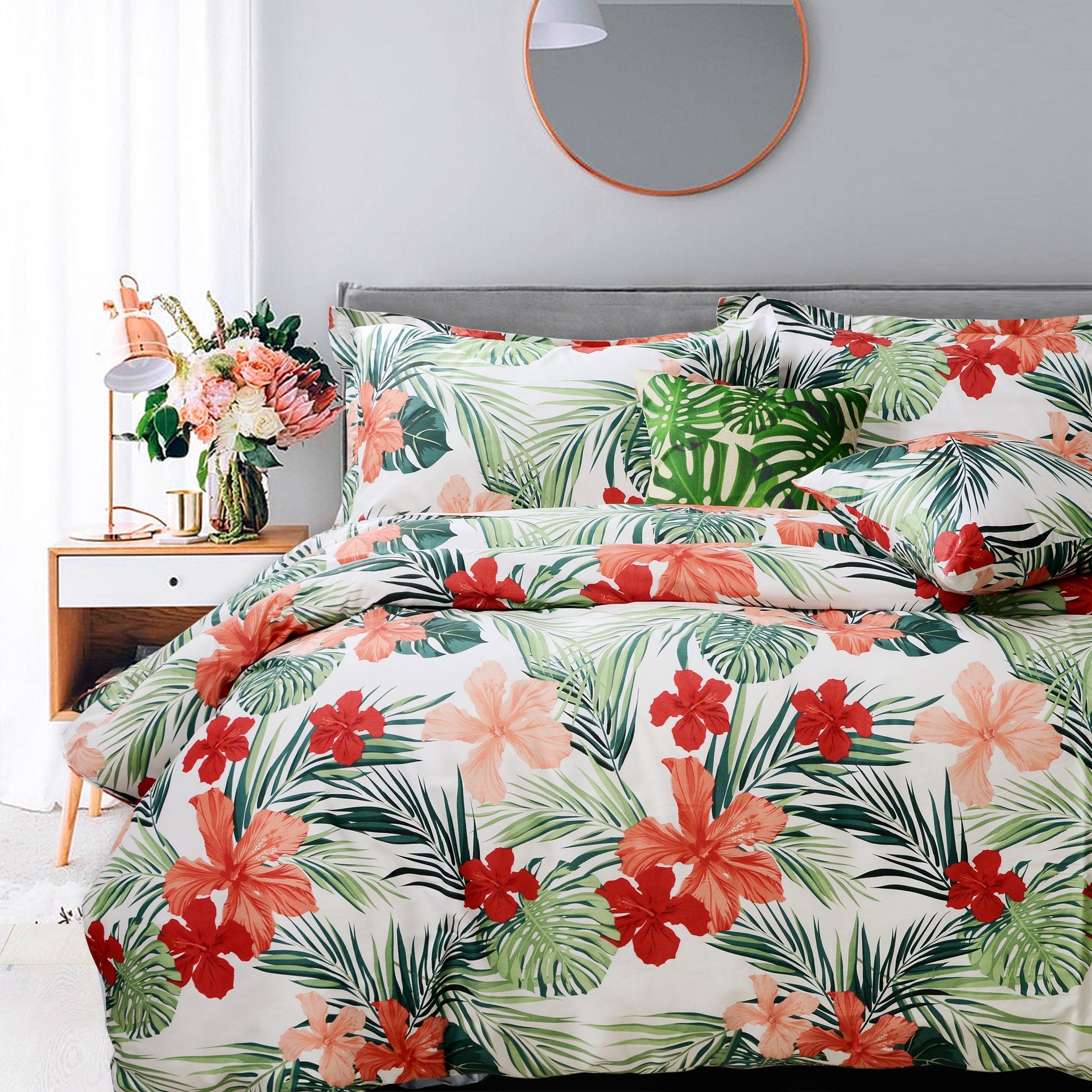 Fadfay Tropical Red Hibiscus Palm Leaves Duvet Cover Set Super Soft Summer Bedding 100% Cotton Soft With Hidden Zipper Closure Q