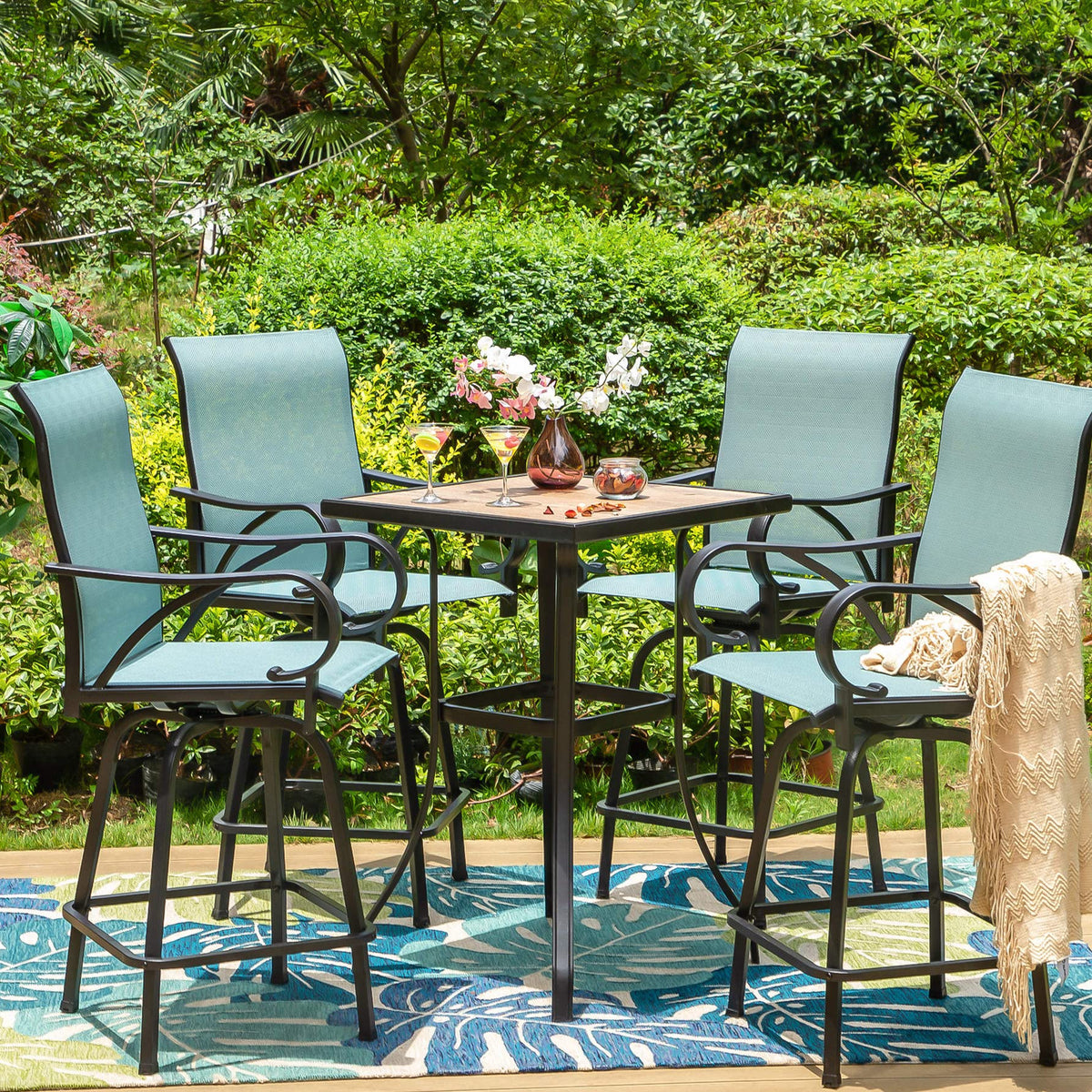 Mfstudio 5 Piece Outdoor High Top Bar Set, Bar Height Table And Chairs For Patio, Waterproof Bar Height Bistro Set For 4,Light Blue
