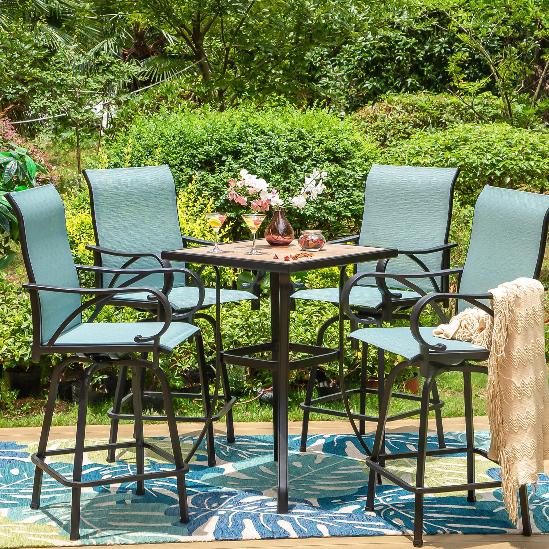 Mfstudio 5 Piece Outdoor High Top Bar Set, Bar Height Table And Chairs For Patio, Waterproof Bar Height Bistro Set For 4,Light Blue