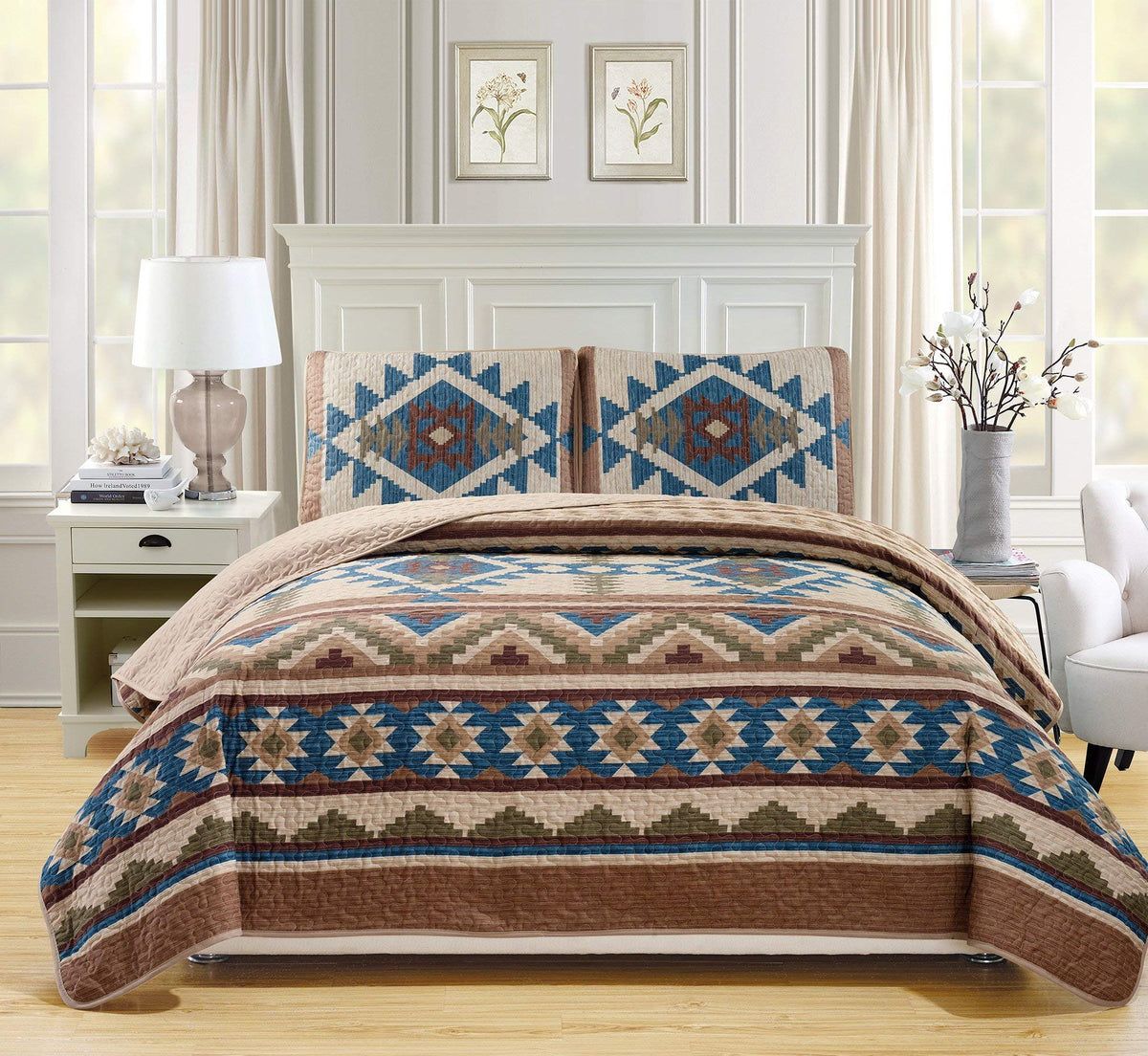 Rustic Western Southwestern Native American Tribal Navajo Design Oversized Bedspread Quilt Set In Beige Taupe Brown Blue Green A