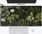 Green Leaves Desk Mat Beige Plants Desk Pad, Large Extend Mouse Pad Xxl, Freshness Foliage Keyboard Mat, Black Esthetics Desktop