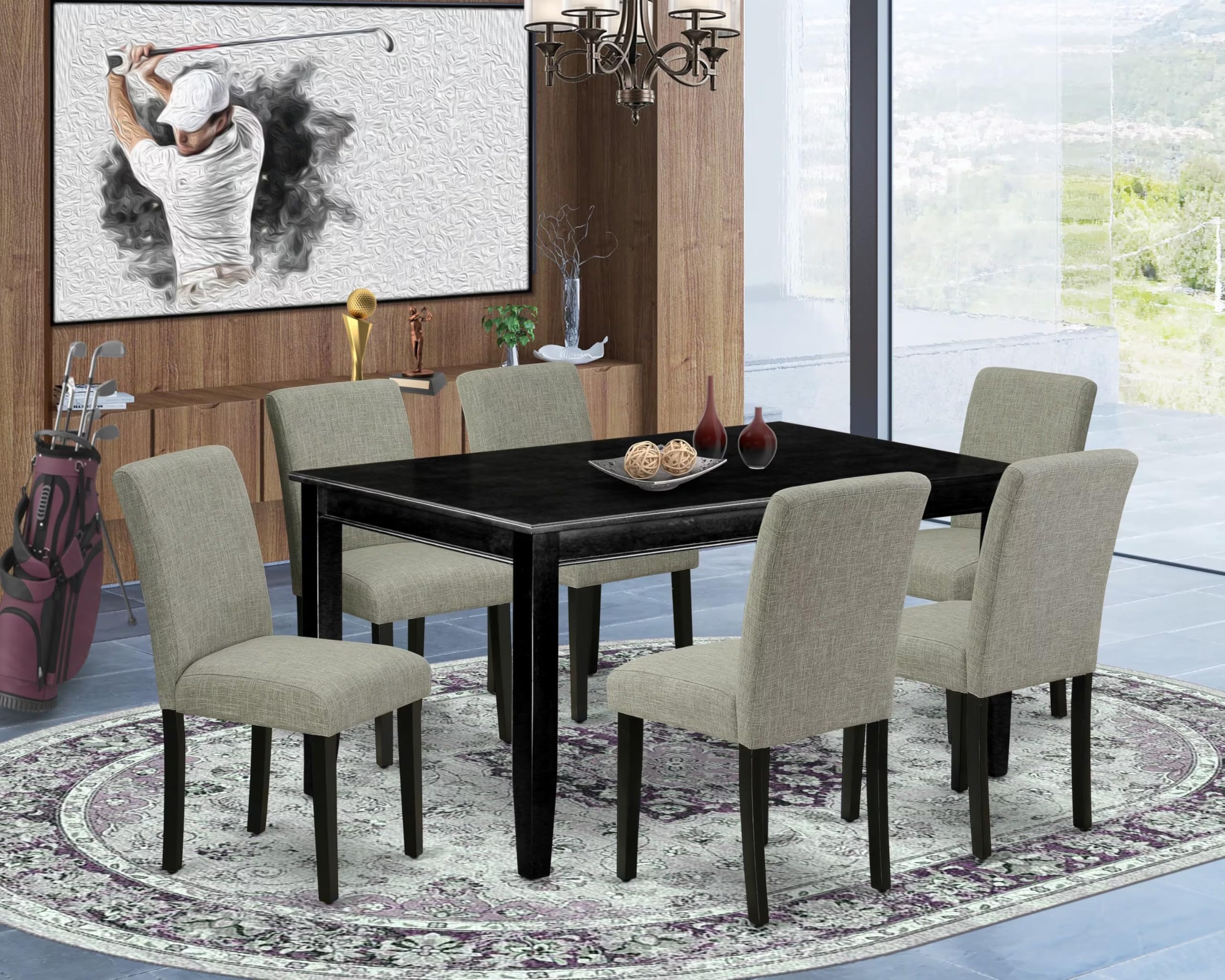East West Furniture Duab7-Blk-06 7 Piece Dining Room Table Set Consist Of A Rectangle Kitchen Table And 6 Shitake Linen Fabric Parson Dining Chairs, 36X60 Inch, Black