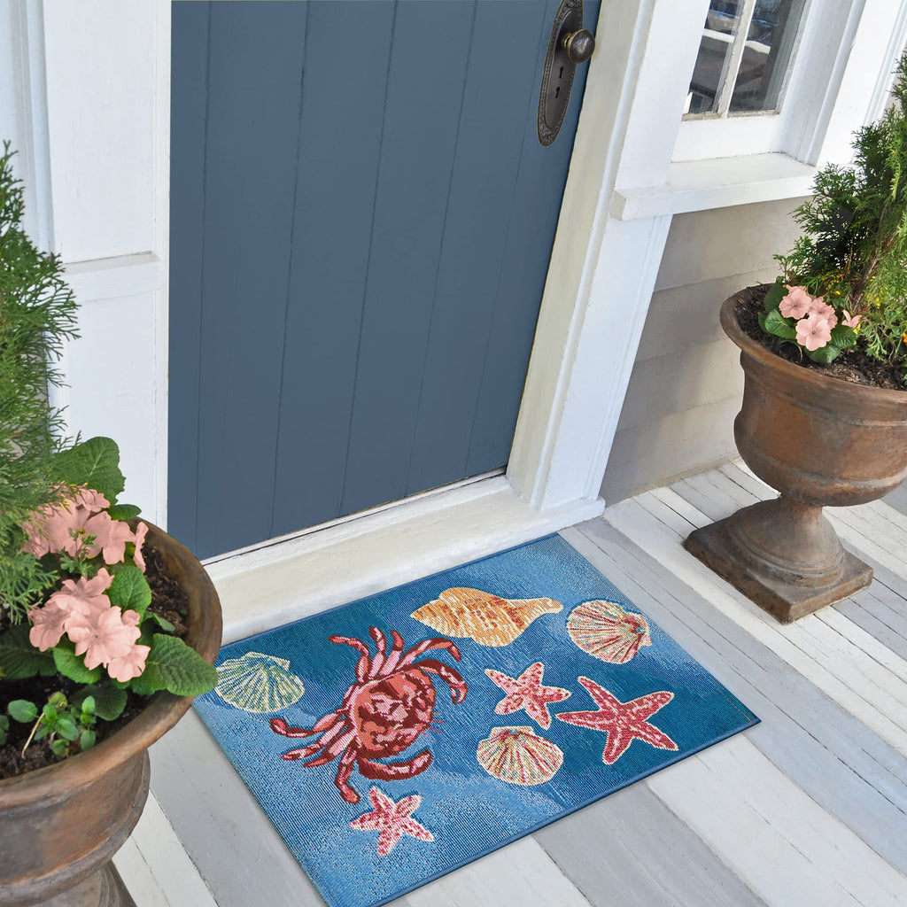 Liora Manne Esencia Machine Washable Non-Slip Low Profile Indoor/Outdoor Mat-Transitional, Coastal, Seashell, Whimsical, Shell We Dance Aqua 2' X 2'10'