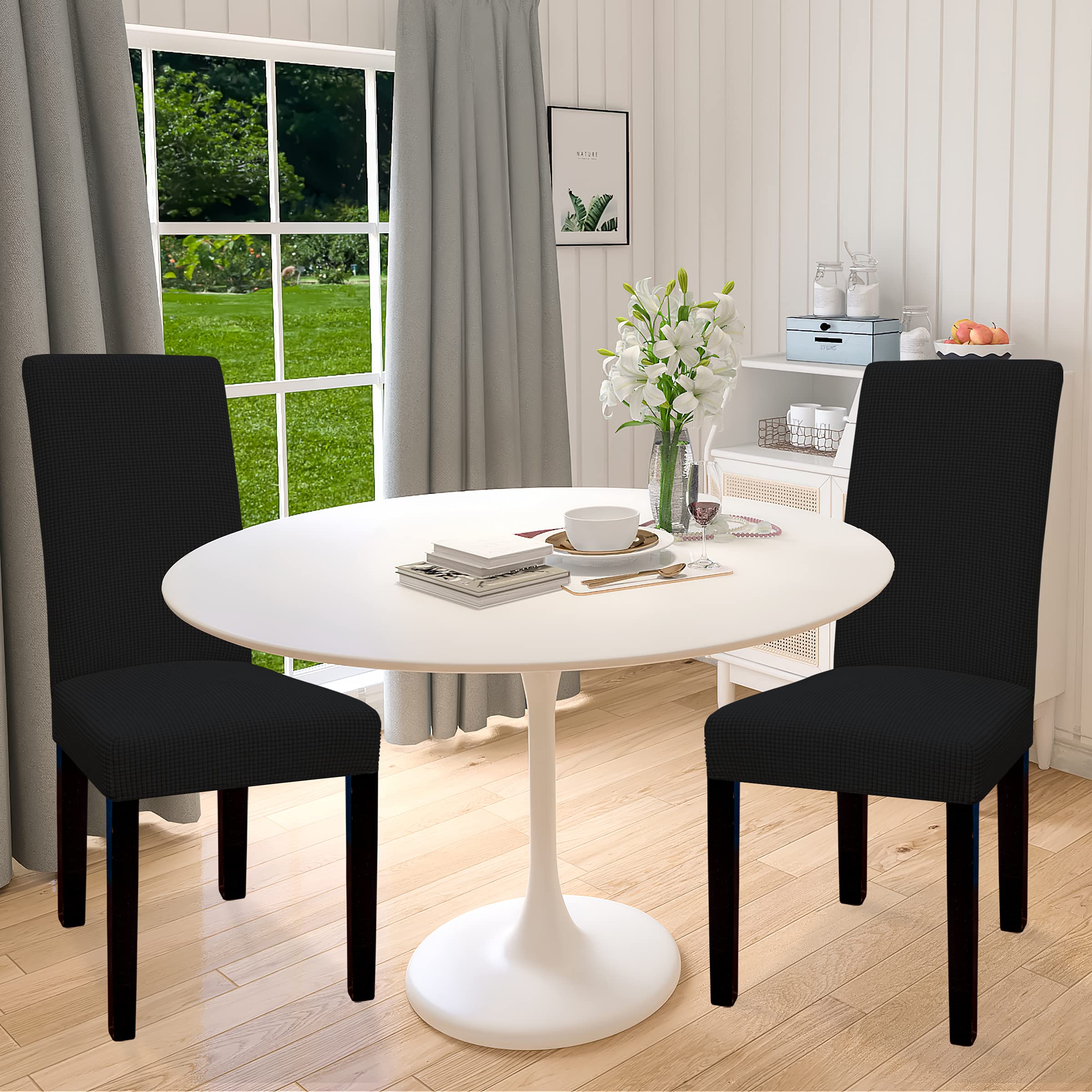 Easy-Going 100% Waterproof Dining Room Chair Cover Set Of 2, Stretch Jacquard Parson Chair Slipcover Removable Washable Chair Protector For Home, Restaurant, Banquet (Large, Black)