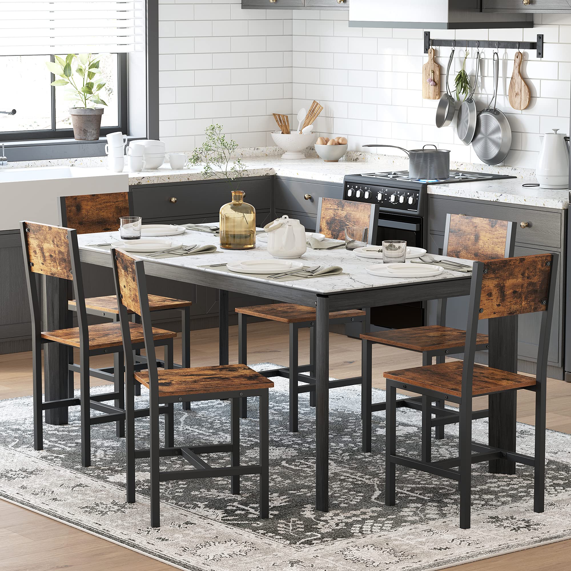 VASAGLE Dining Chair Set of 6, Rustic Wood Chairs with Metal Steel Frame, Easy to Assemble, Comfortable Seat, Modern Farmhouse C