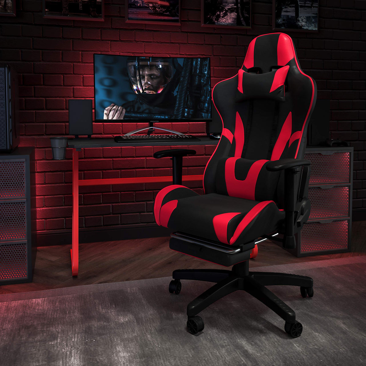 Flash Furniture Red Gaming Desk And Red/Black Footrest Reclining Gaming Chair Set With Cup Holder And Headphone Hook