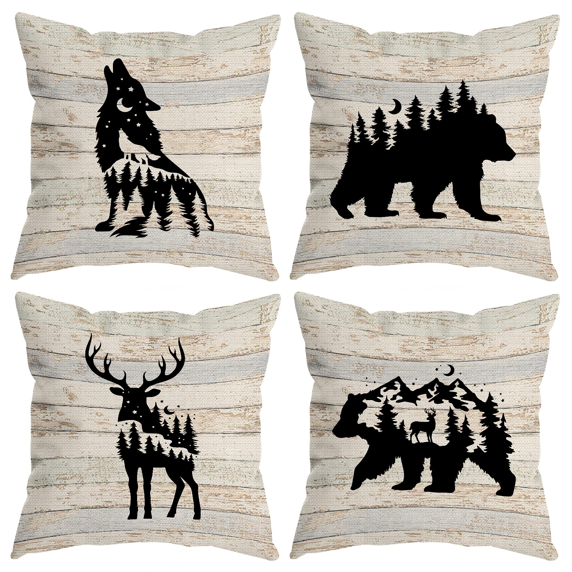 Huyaw Woodland Wild Animal Wolf Elk Bear Deer Forest Camping Throw Pillow Covers, Wildlife Lover Camper Gifts For Men Women, Wil