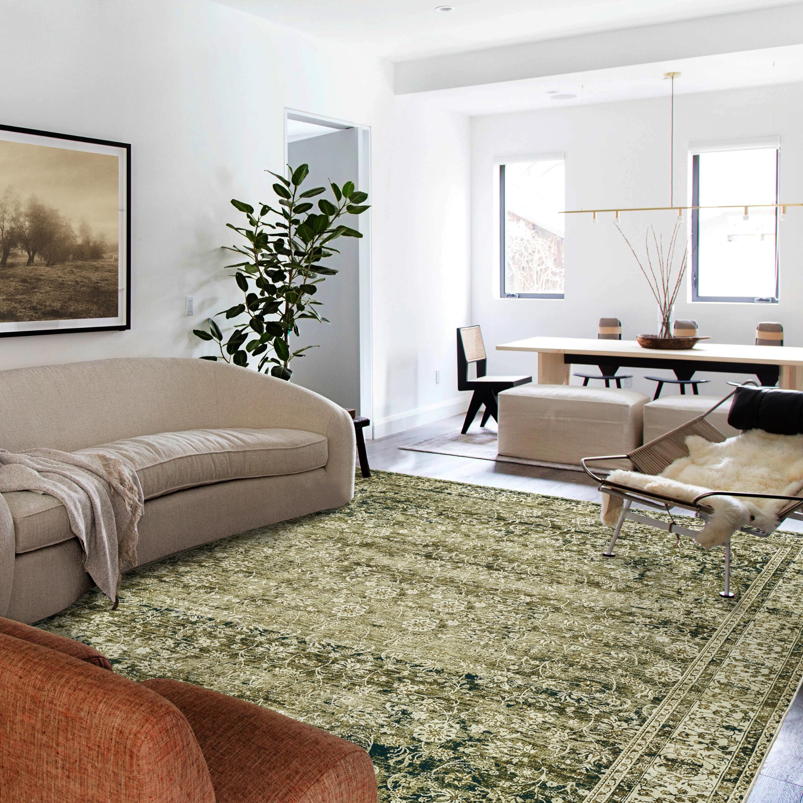 BILEEHOME Washable 6x9 Area Rugs for Bedroom Aesthetic,Cozy Soft Faux Wool Neutral Dark Olive Green Decor Vintage Boho Rug for L