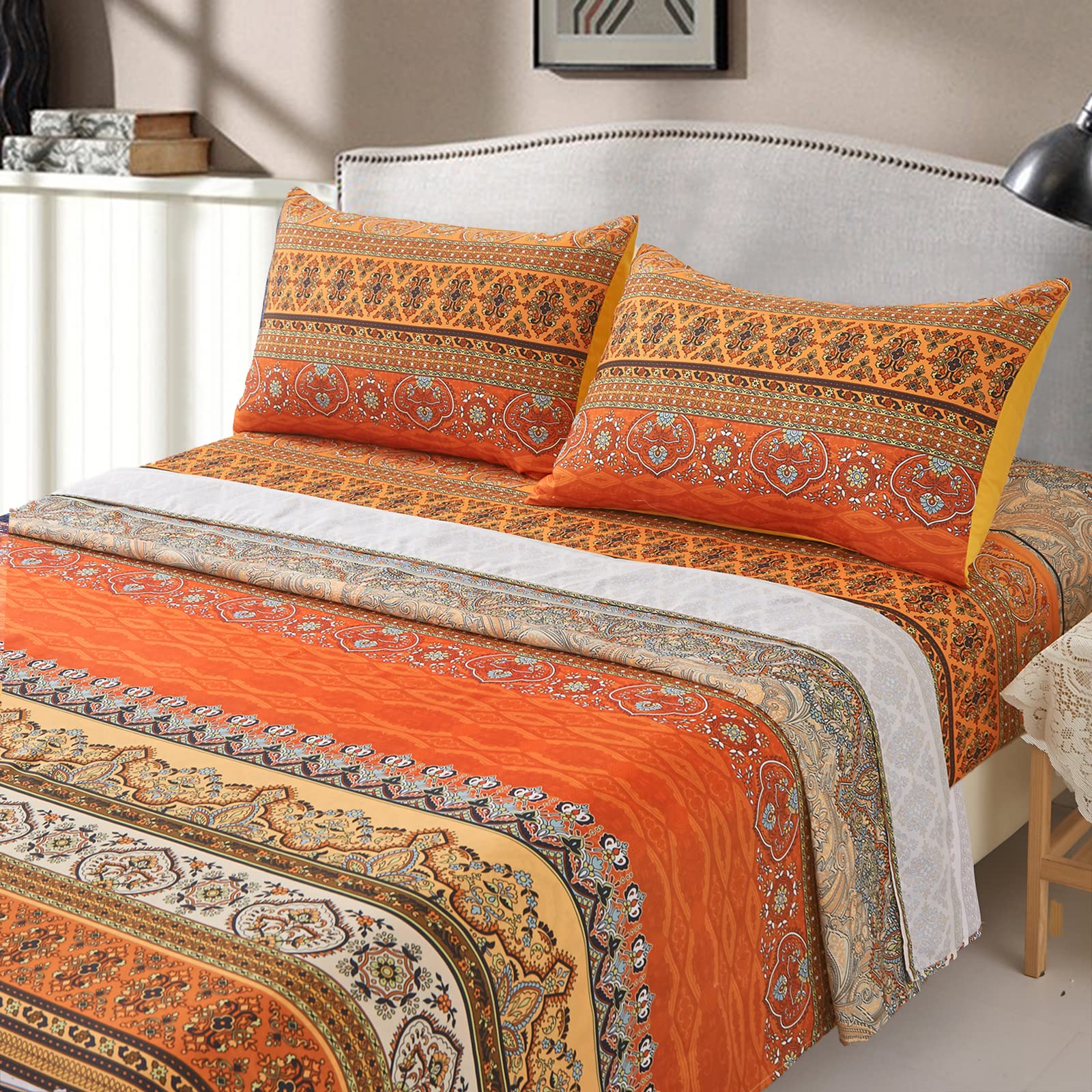 Boho Orange Sheets Set Queen Size(4 Pcs) Colorful Bohemian Striped Bedding Sheets 14' Deep Pocket Indian Tribal Floral Fitted S