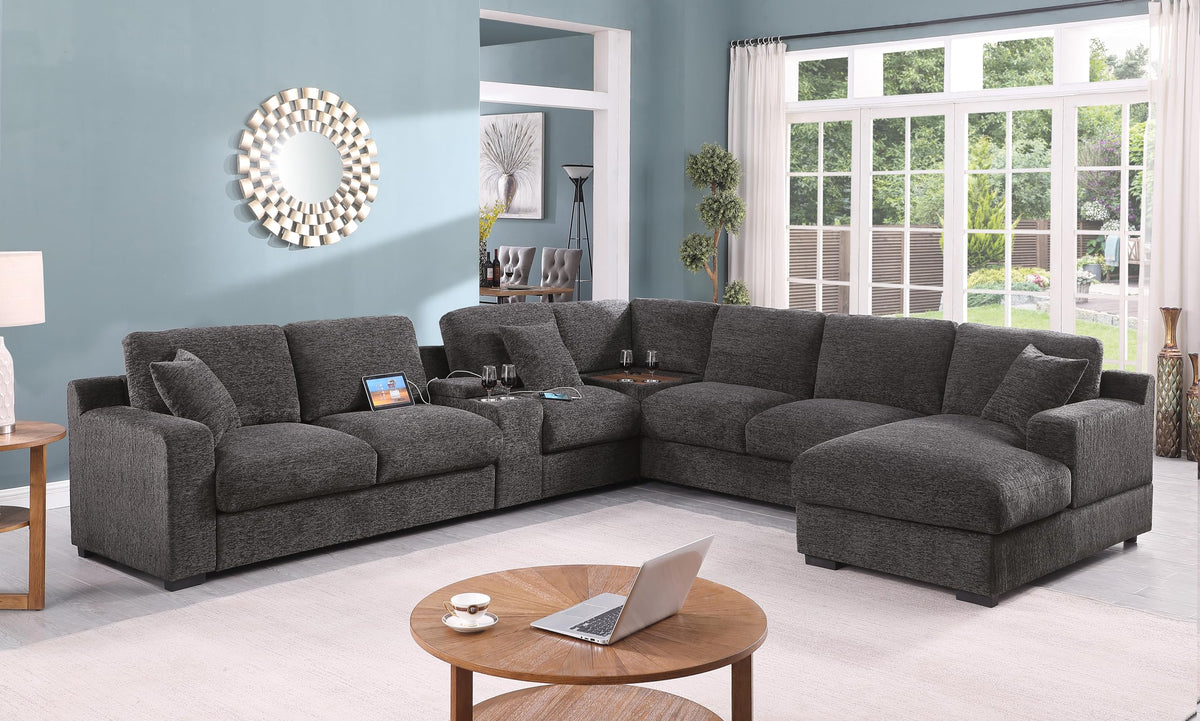 Lilola Home Celine 141.5&quot; W Gray Chenille Fabric Corner Sectional Sofa with Right-Facing Chaise, Cupholders, and Charging Ports