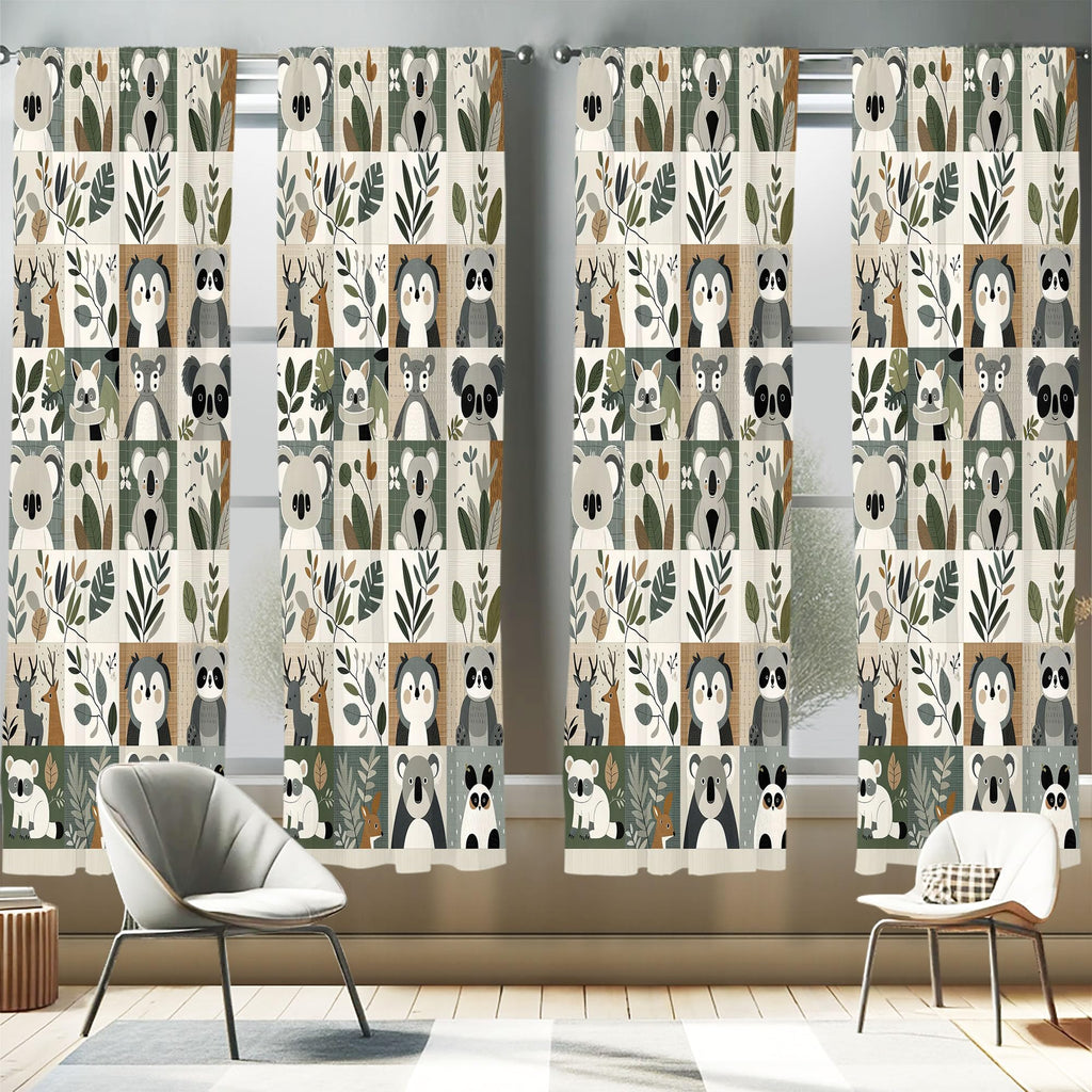 Ambesonne Animals Window Curtains Pack of 2, Cartoon Woodland Art with Exotic Leaves Koala and Deer Pattern Checkered, Lightweig