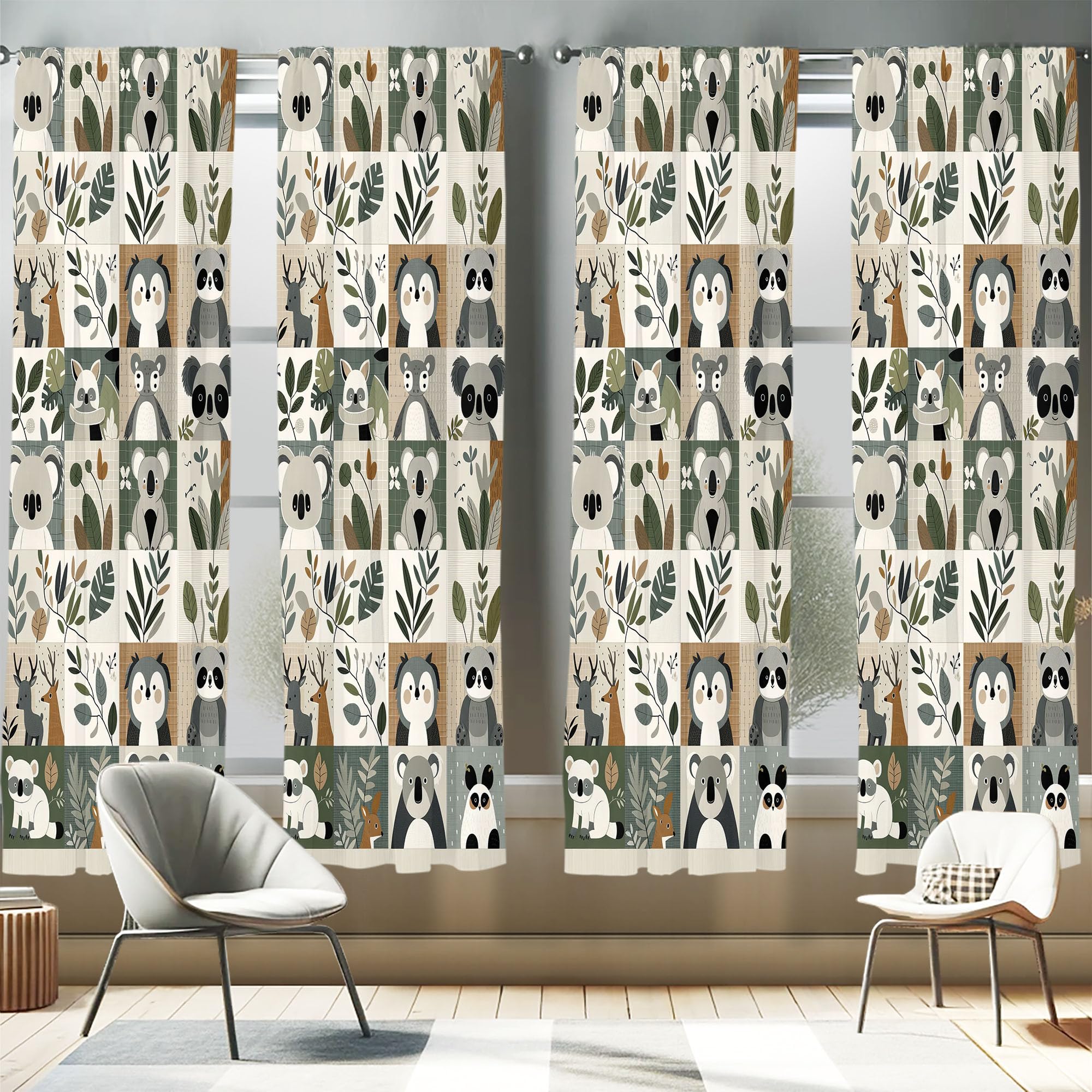 Ambesonne Animals Window Curtains Pack of 2, Cartoon Woodland Art with Exotic Leaves Koala and Deer Pattern Checkered, Lightweig