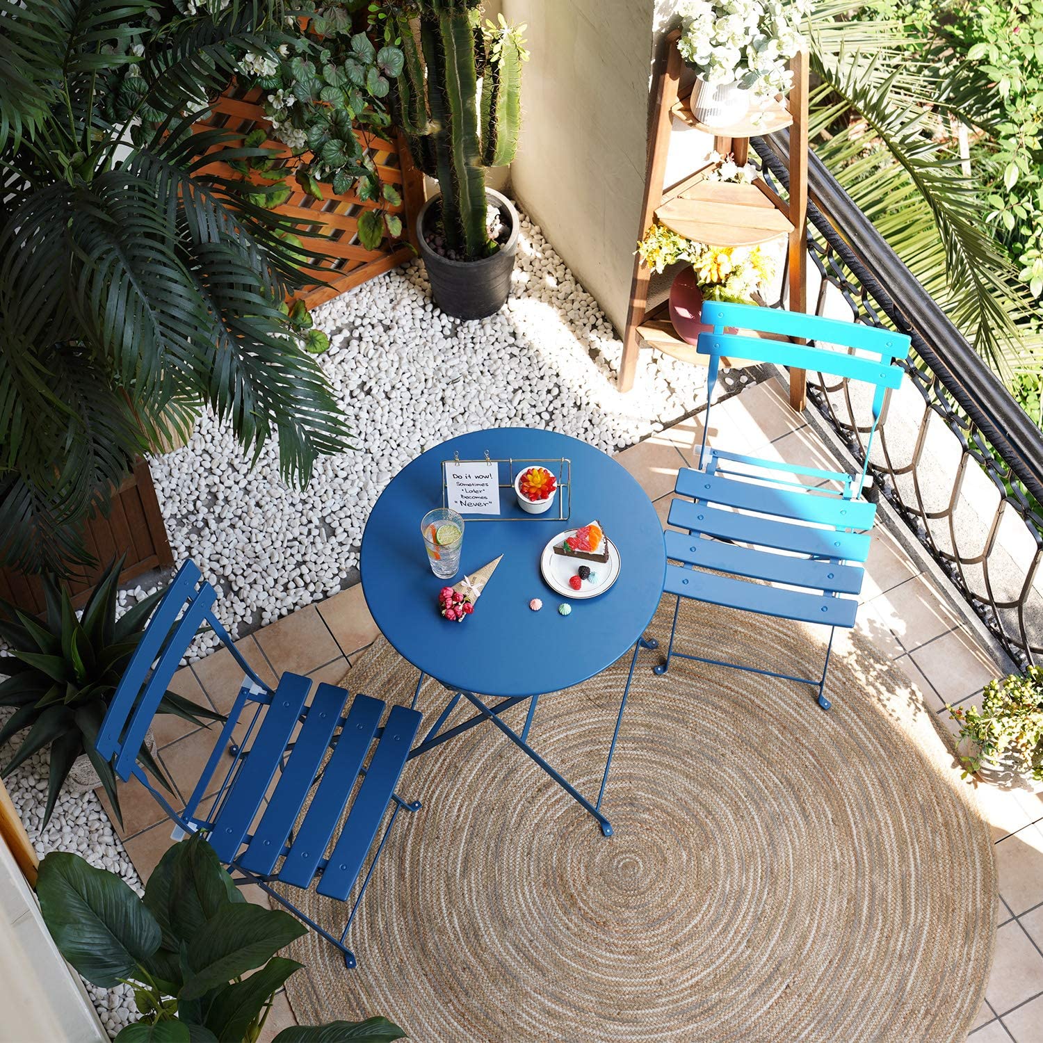 Grand Patio 3Pc Metal Folding Bistro Set, 2 Chairs And 1 Table, Weather-Resistant Outdoor/Indoor Conversation Set For Patio, Yard, Garden -Peacock Blue