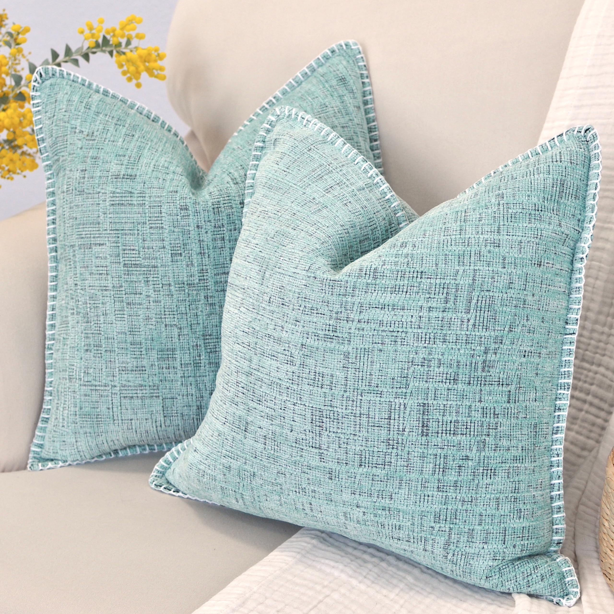 18X18 Pillow Covers For Couch Pillows Mint Green Set Of 2, Decorative Soft Textured Cozy Chenille Cushions Covers, Modern Deco C